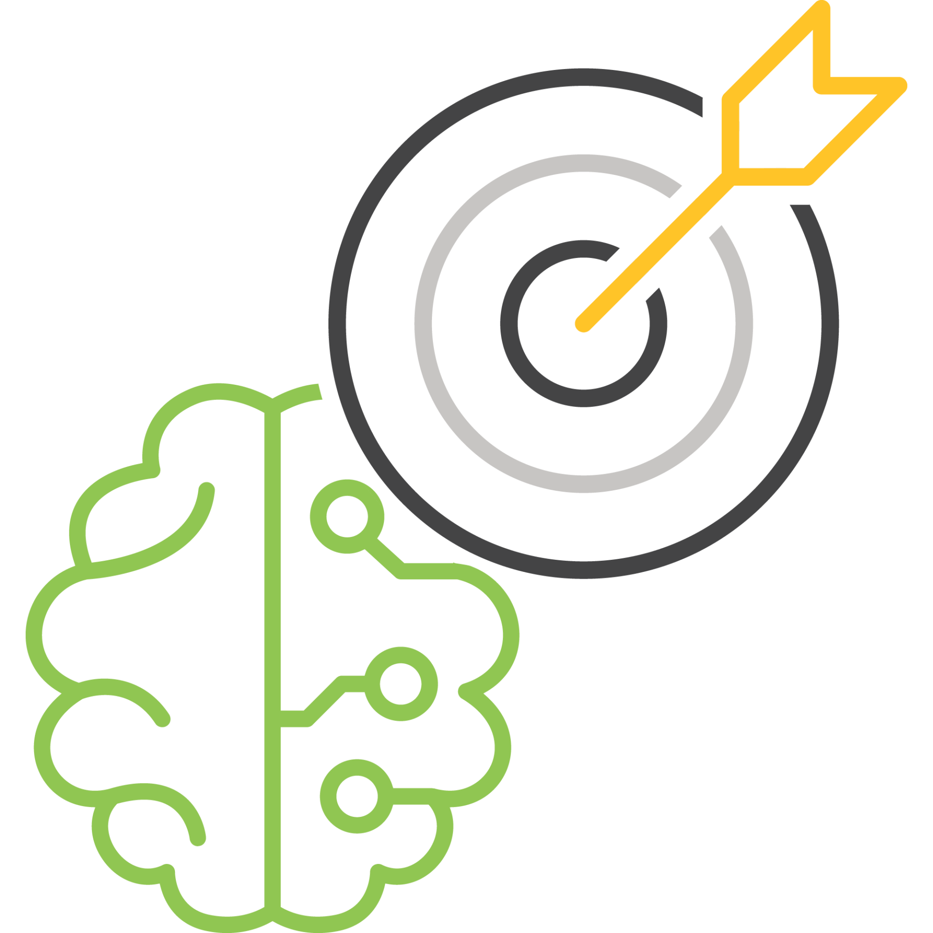 An abstract illustration depicting a yellow arrow hitting a circular target next to a green brain with circuitry lines, symbolizing precision and intelligence.