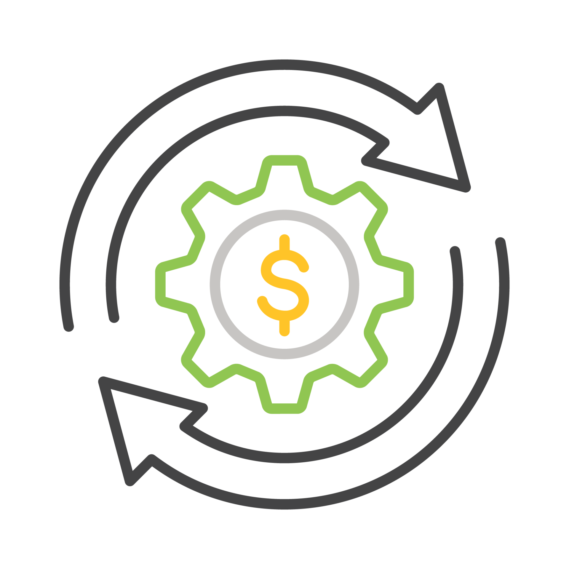 Illustration of a green gear with a dollar sign in the center and two arrows forming a circular path around the gear, symbolizing financial process.