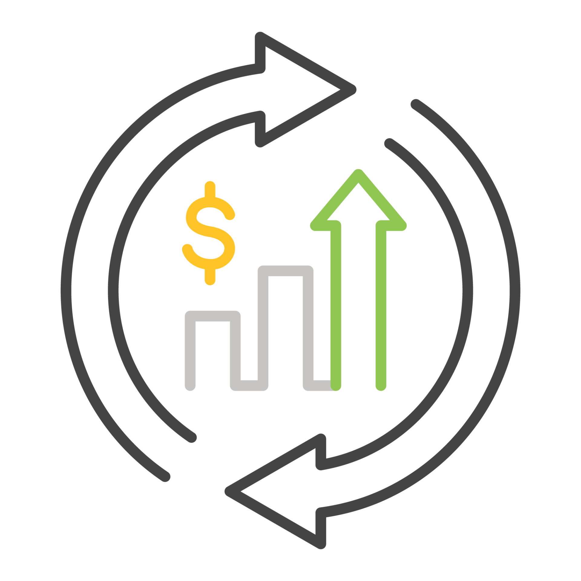 An illustration showing a dollar sign, a bar chart, and an upward arrow surrounded by circular arrows, representing financial growth and investment.