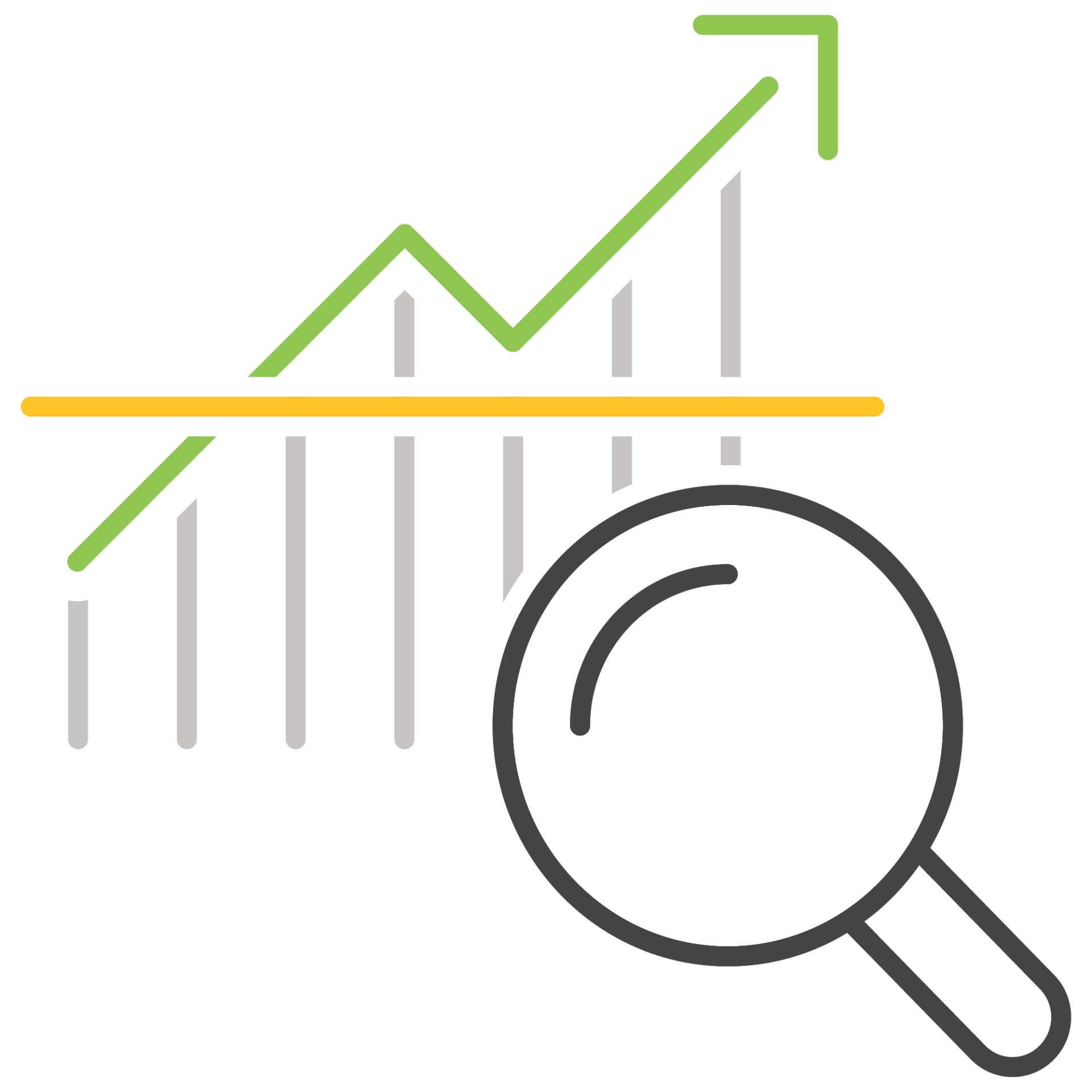 An icon showing a magnifying glass examining a bar graph with an upward trend line, suggesting analysis and growth.