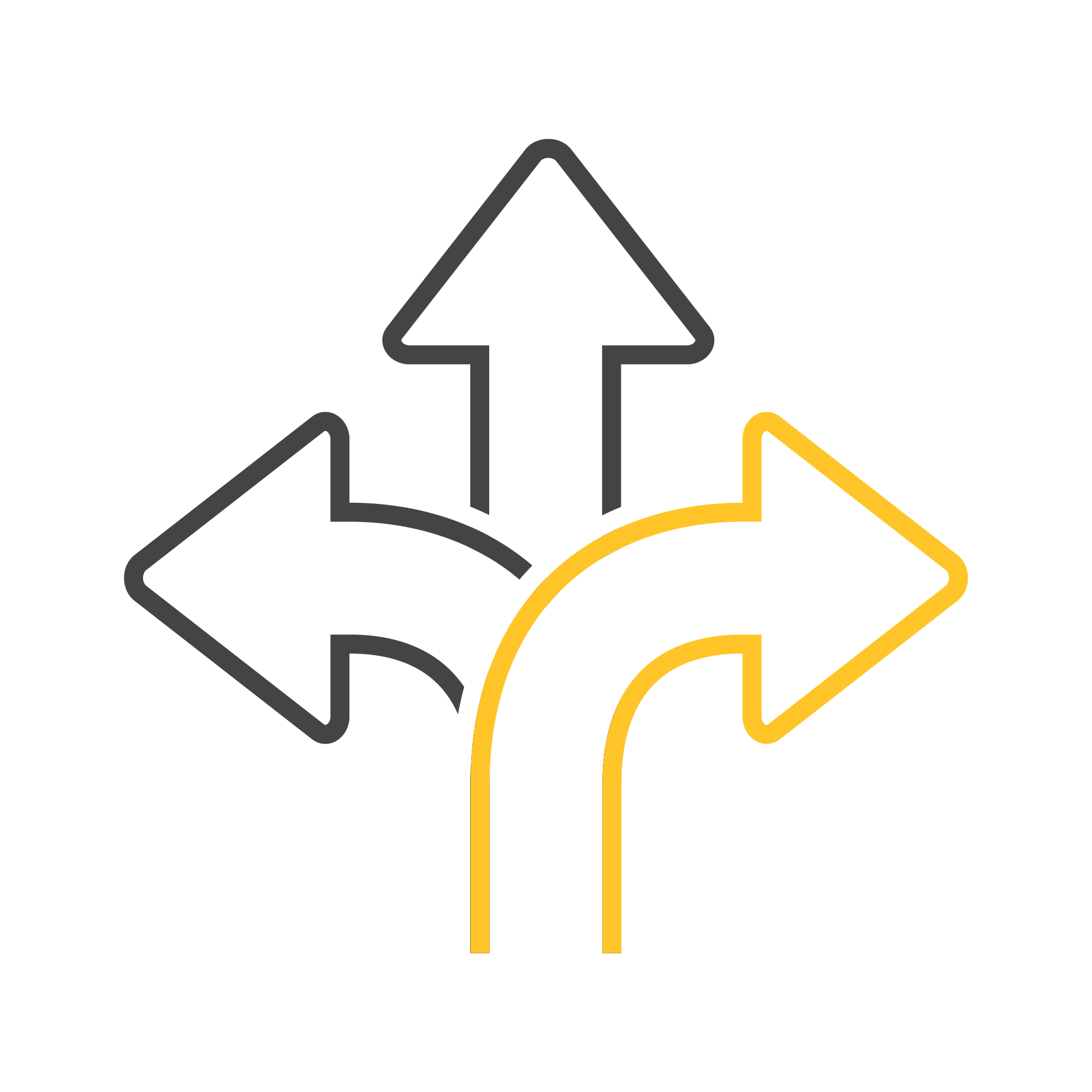 A graphic symbol showing three curved arrows pointing in different directions: left, up, and right, with the right arrow highlighted in yellow.