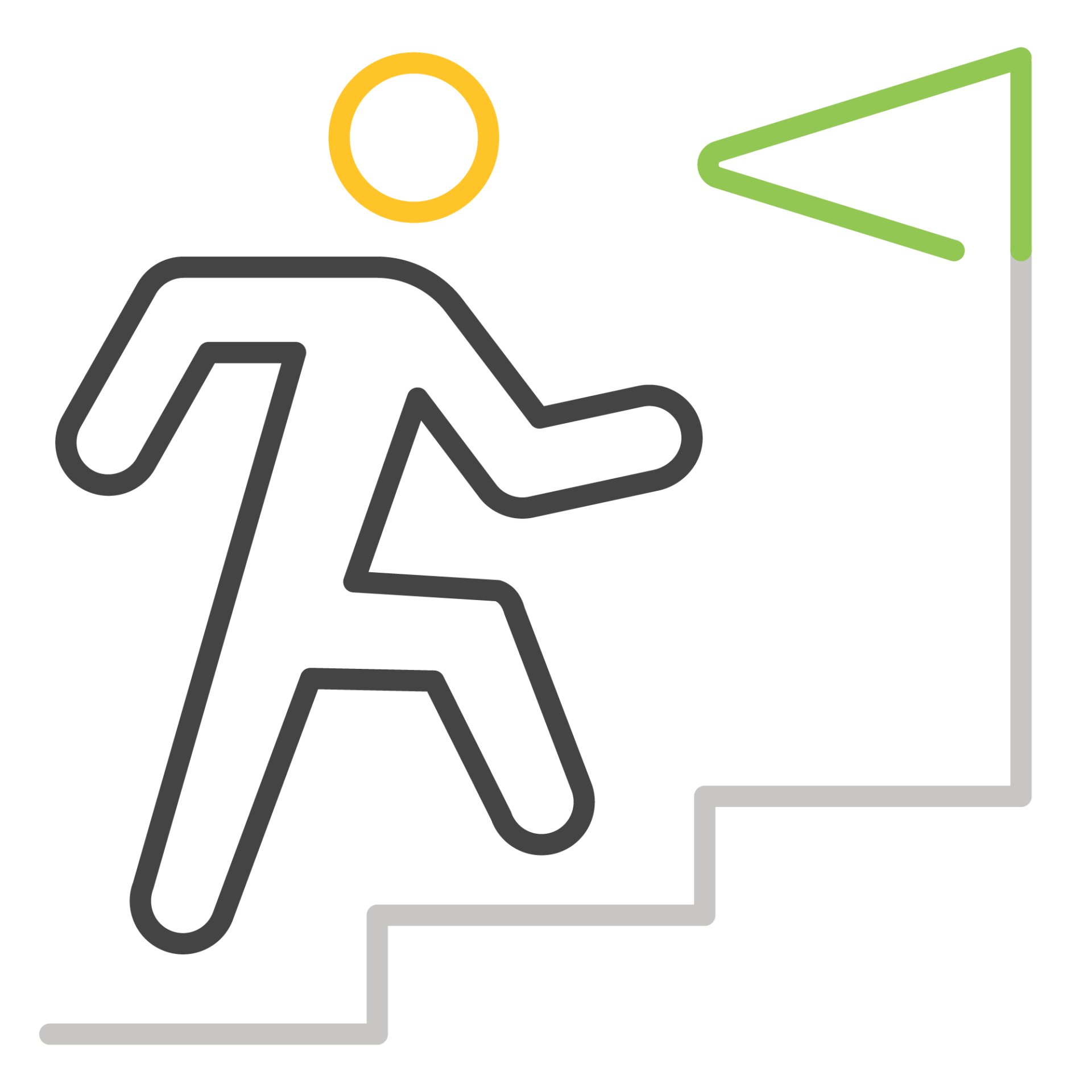 A minimalistic, stylized figure ascends steps toward a green flag, representing achievement or reaching a goal. Simple lines and colors convey motivation and progress.