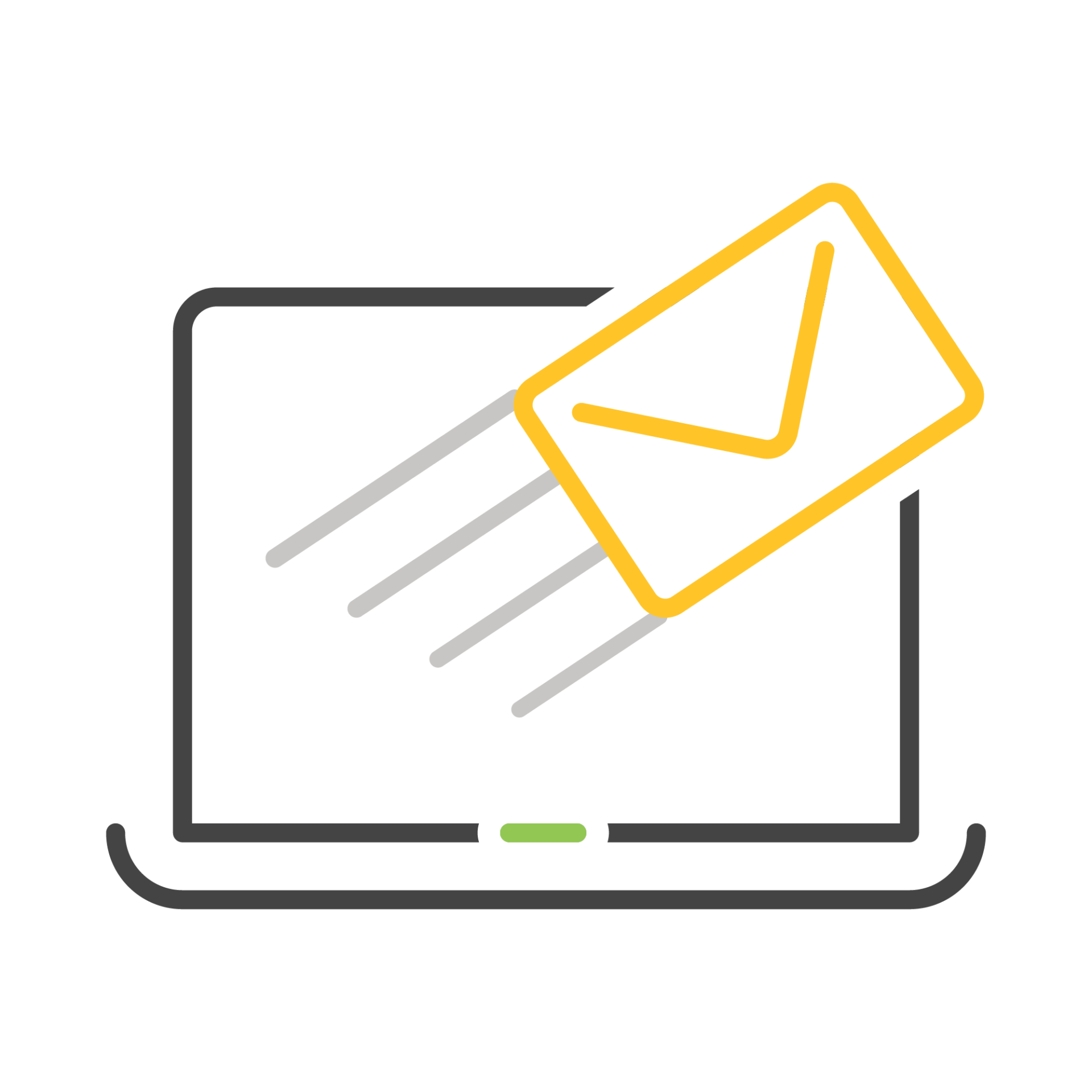 Illustration of an envelope icon emerging from a laptop screen, symbolizing email communication and digital messaging. Minimalistic design with black, yellow, and green accents.