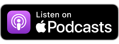 "Black 'Listen on Apple Podcasts' button with white text and Apple logo on the left side, against a transparent background."