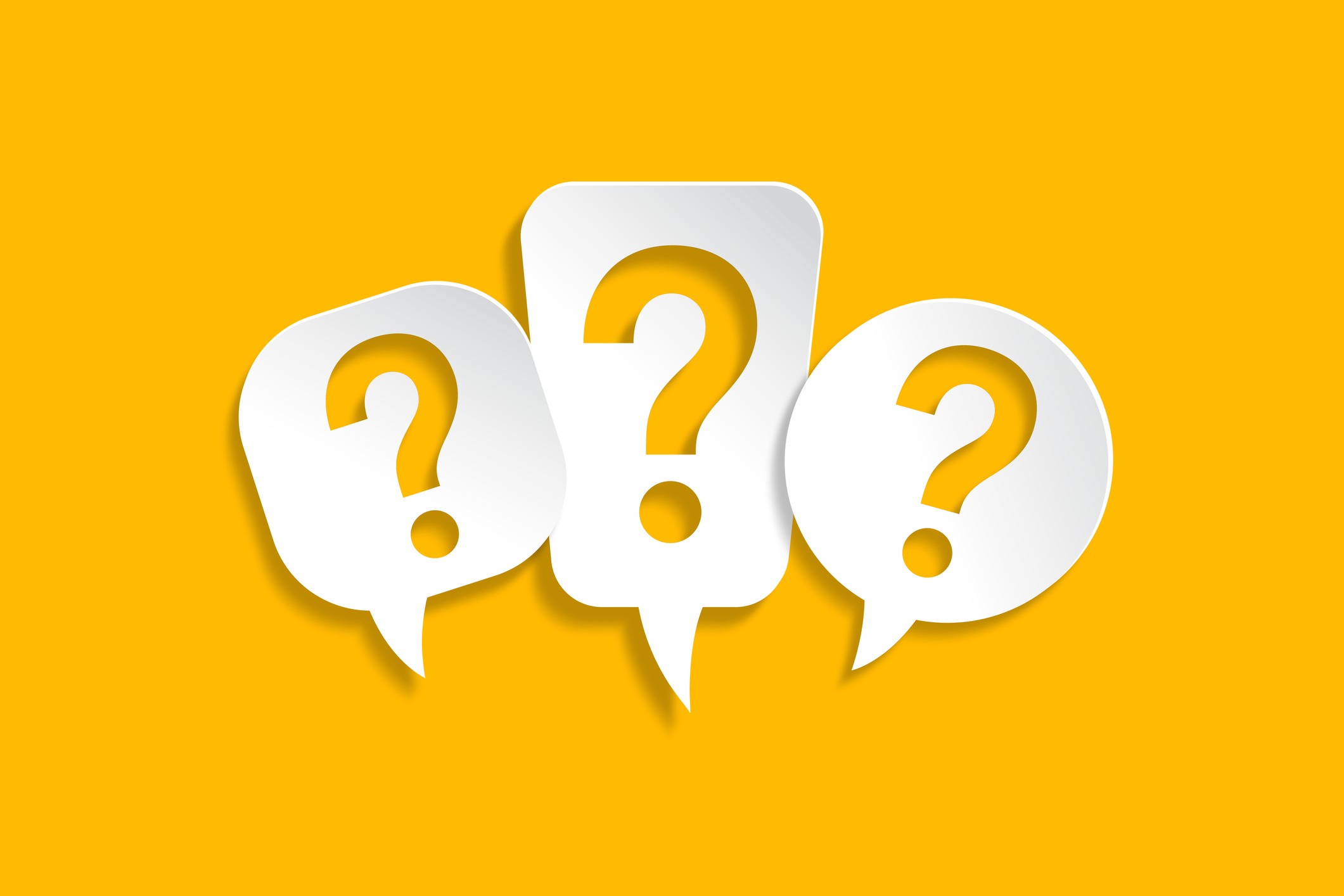 Graphic of three speech bubbles with question marks on a yellow background.