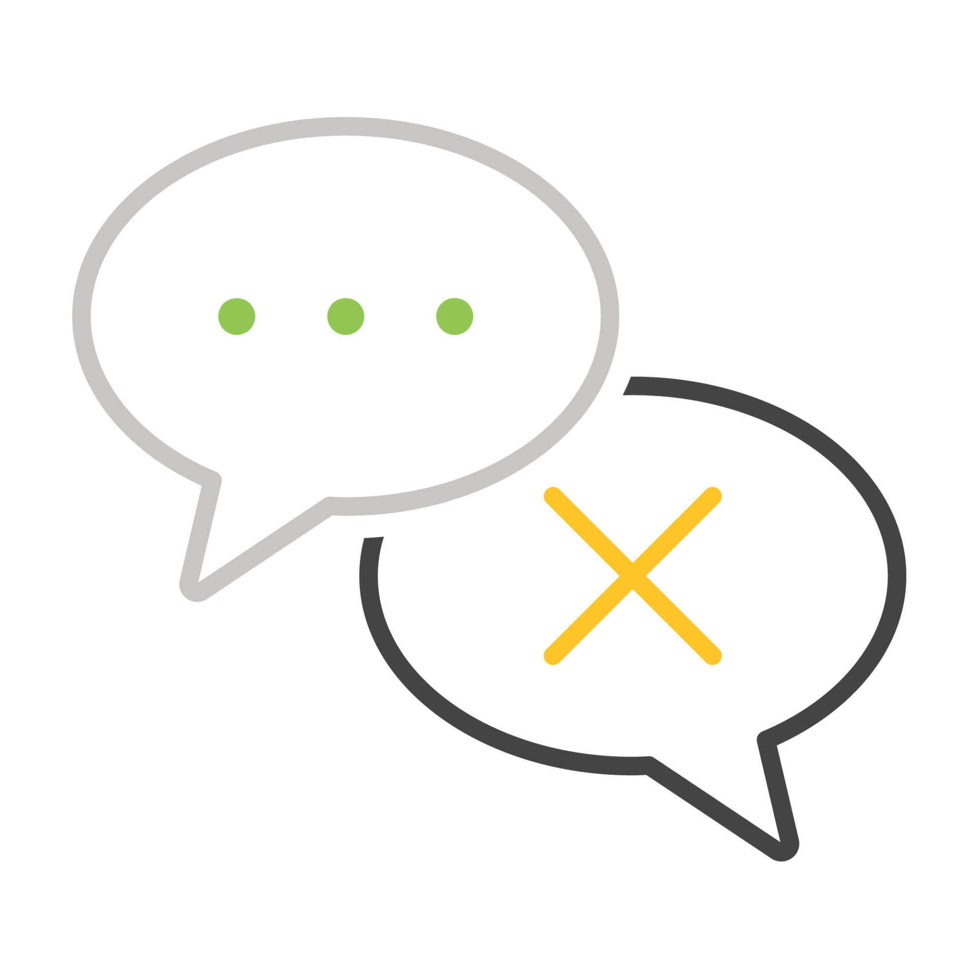 The image shows two speech bubbles; one has three green dots indicating an ongoing conversation, and the other has a yellow 'X', signifying disagreement.