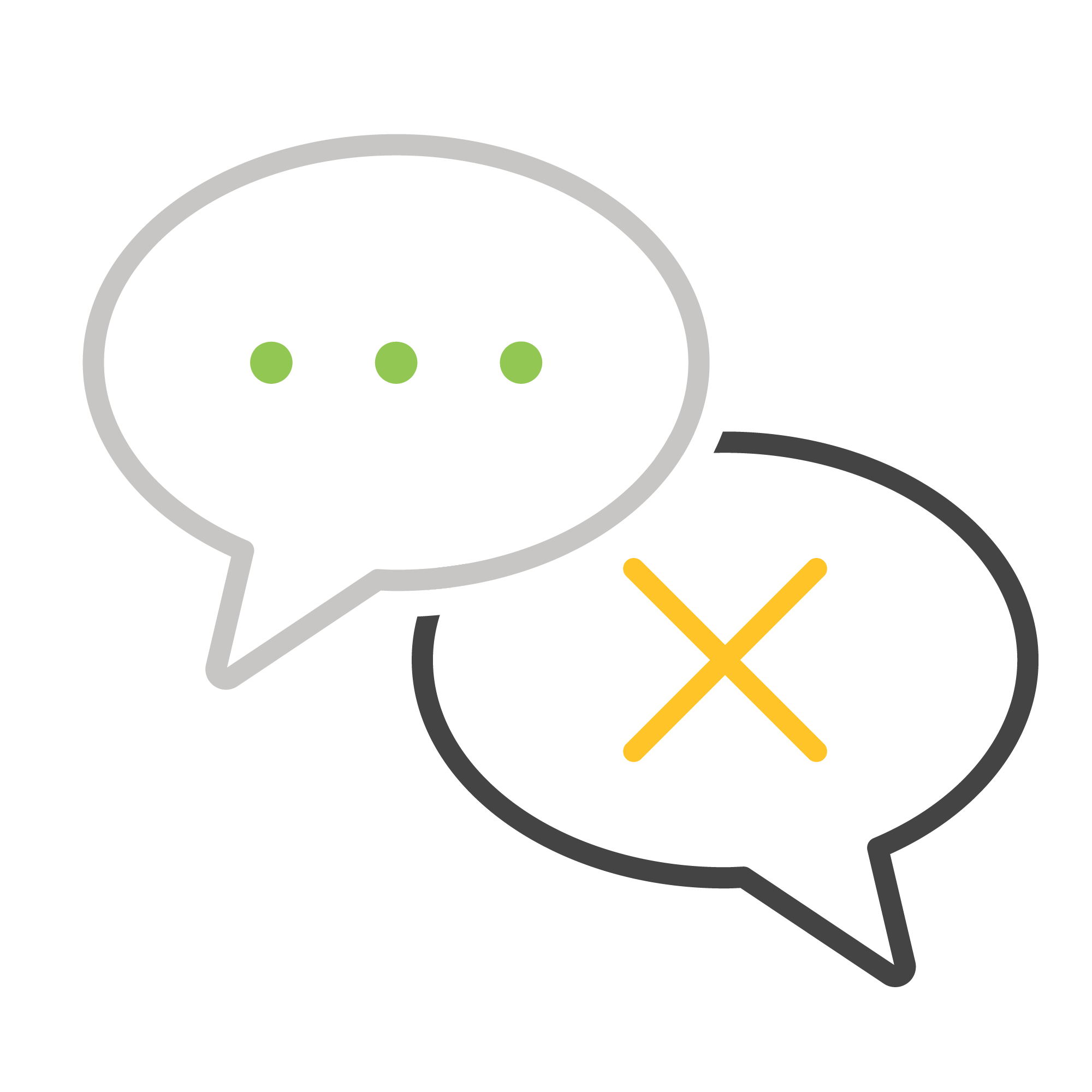 The image shows two speech bubbles; one has three green dots indicating an ongoing conversation, and the other has a yellow 'X', signifying disagreement.