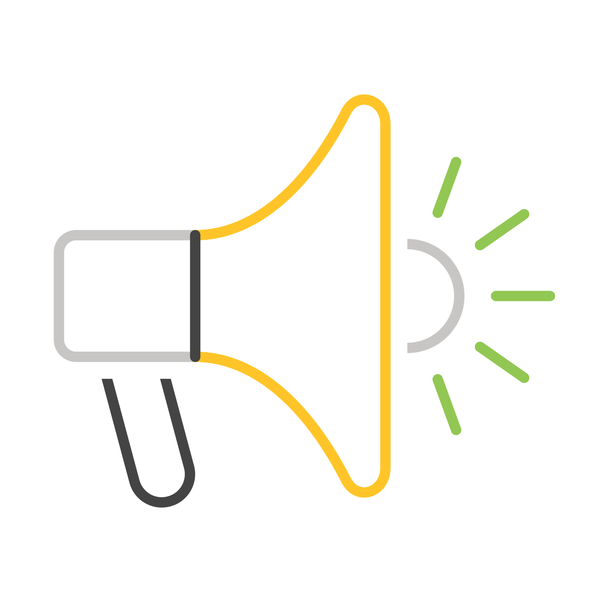 The image features a simple, stylized vector drawing of a megaphone with yellow, black, and green accents, emitting sound waves.