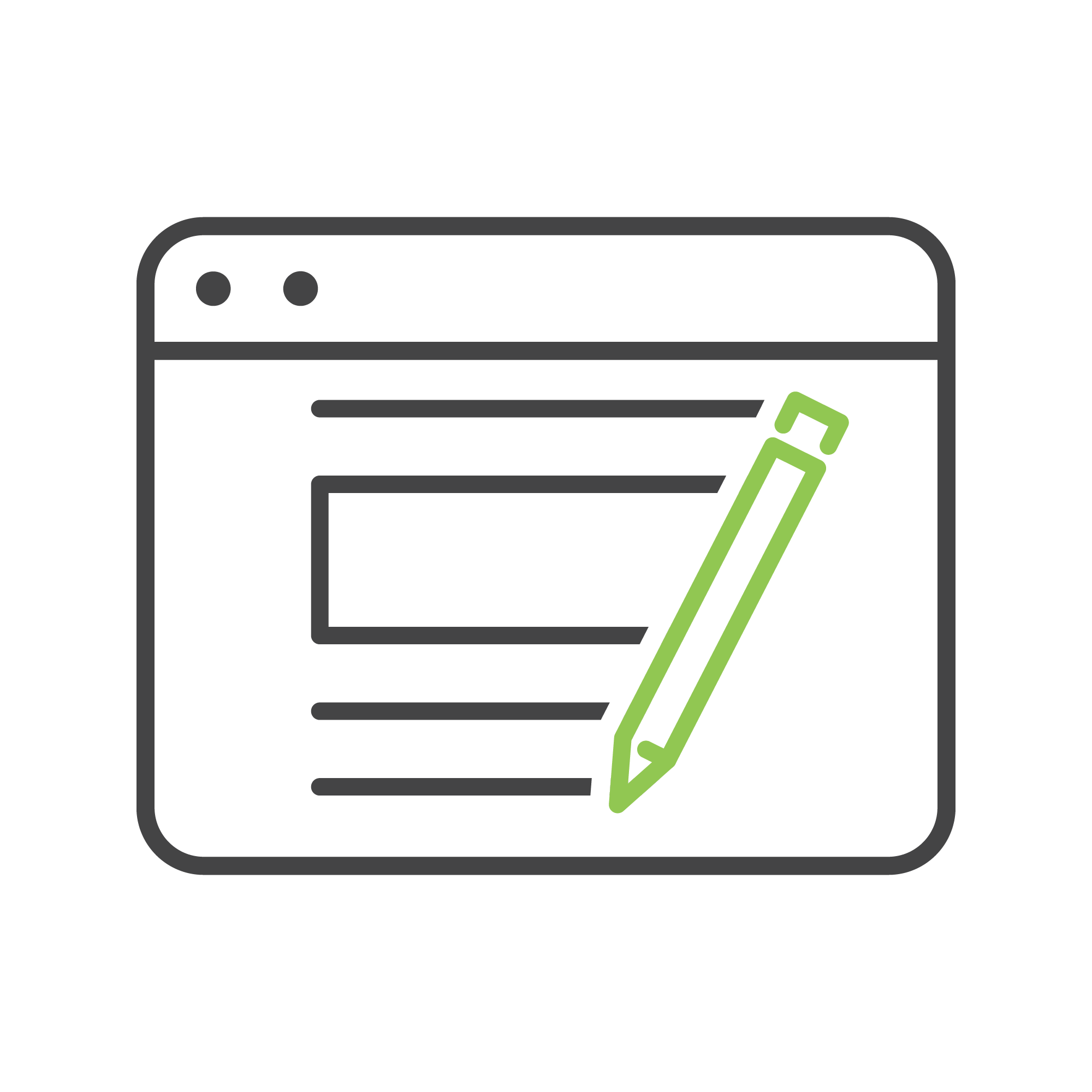 A green pencil icon overlays a black outline of a webpage, indicating web content creation or editing. No landmarks or historical buildings present.