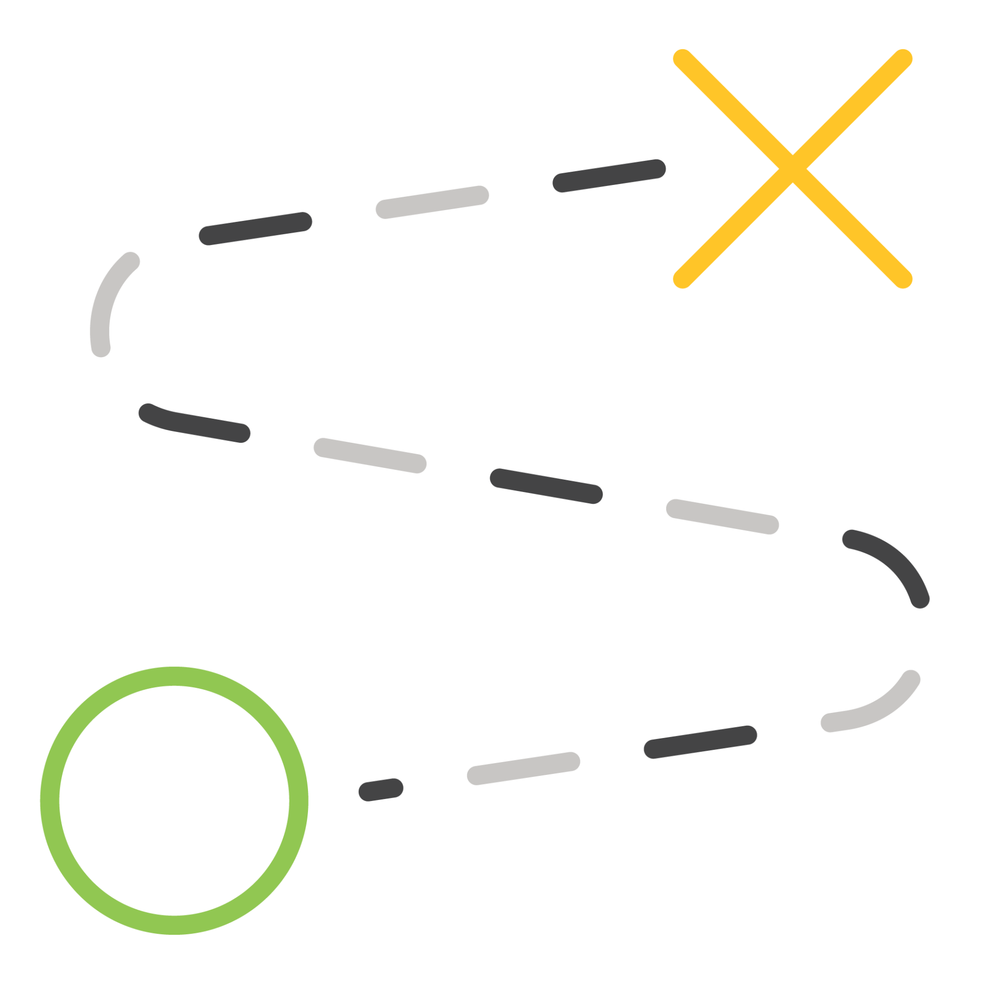 Illustration of a dotted path starting at a green circle and ending at a yellow X on a green background.