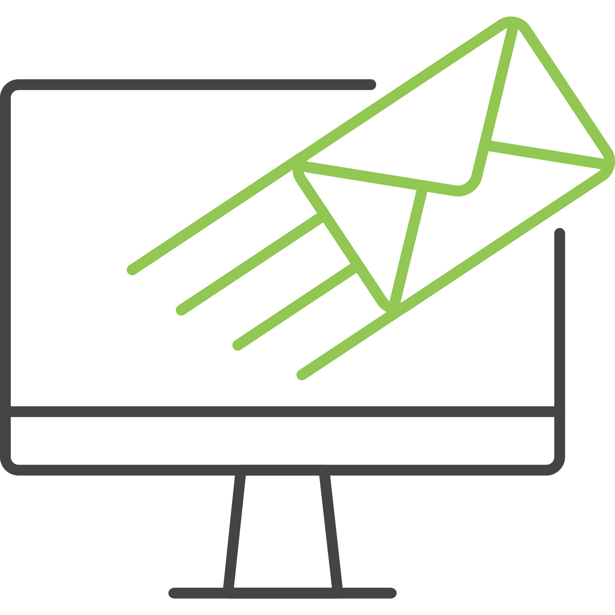 A green envelope icon flies from a black computer screen, symbolizing email or digital communication, on a gray background.