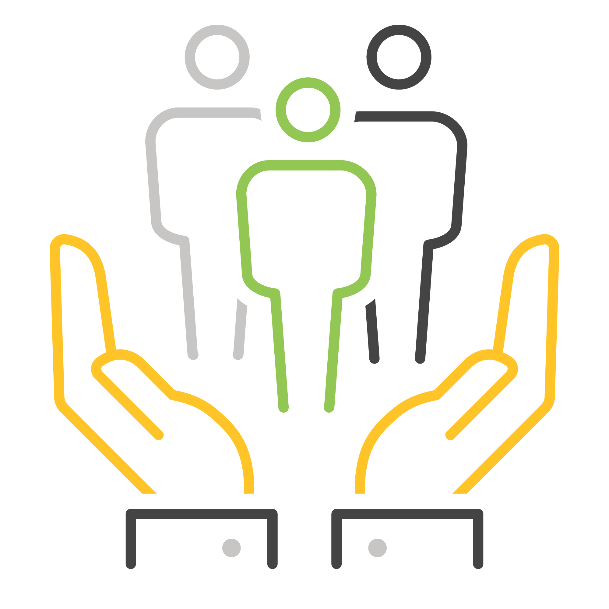 Illustration of two hands holding three abstract human figures, symbolizing support and protection in a community or group setting.