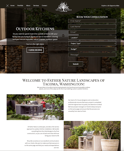 A webpage for "Father Nature Landscapes" in Tacoma, WA, featuring outdoor kitchen designs. Includes a consultation form and images of landscaped patios with grills.