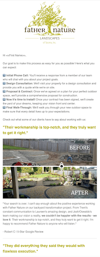 A landscaping company email features job expectations, testimonials, and before-and-after garden images showcasing transformation. Their logo is shown at the top.