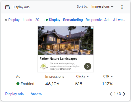 The image showcases an advertisement for Father Nature Landscapes, featuring a beautifully landscaped house and a summary of ad performance metrics, including impressions and click-through rate.