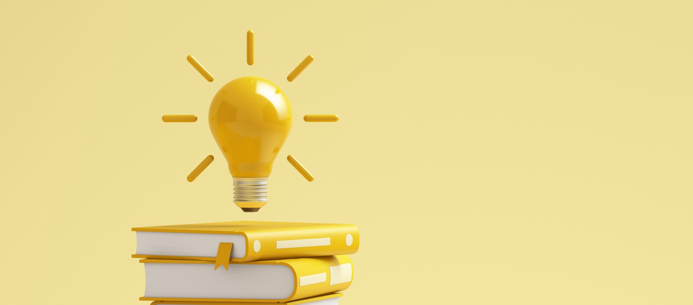 A yellow light bulb hovers over a stack of books with a yellow background, symbolizing ideas and knowledge.