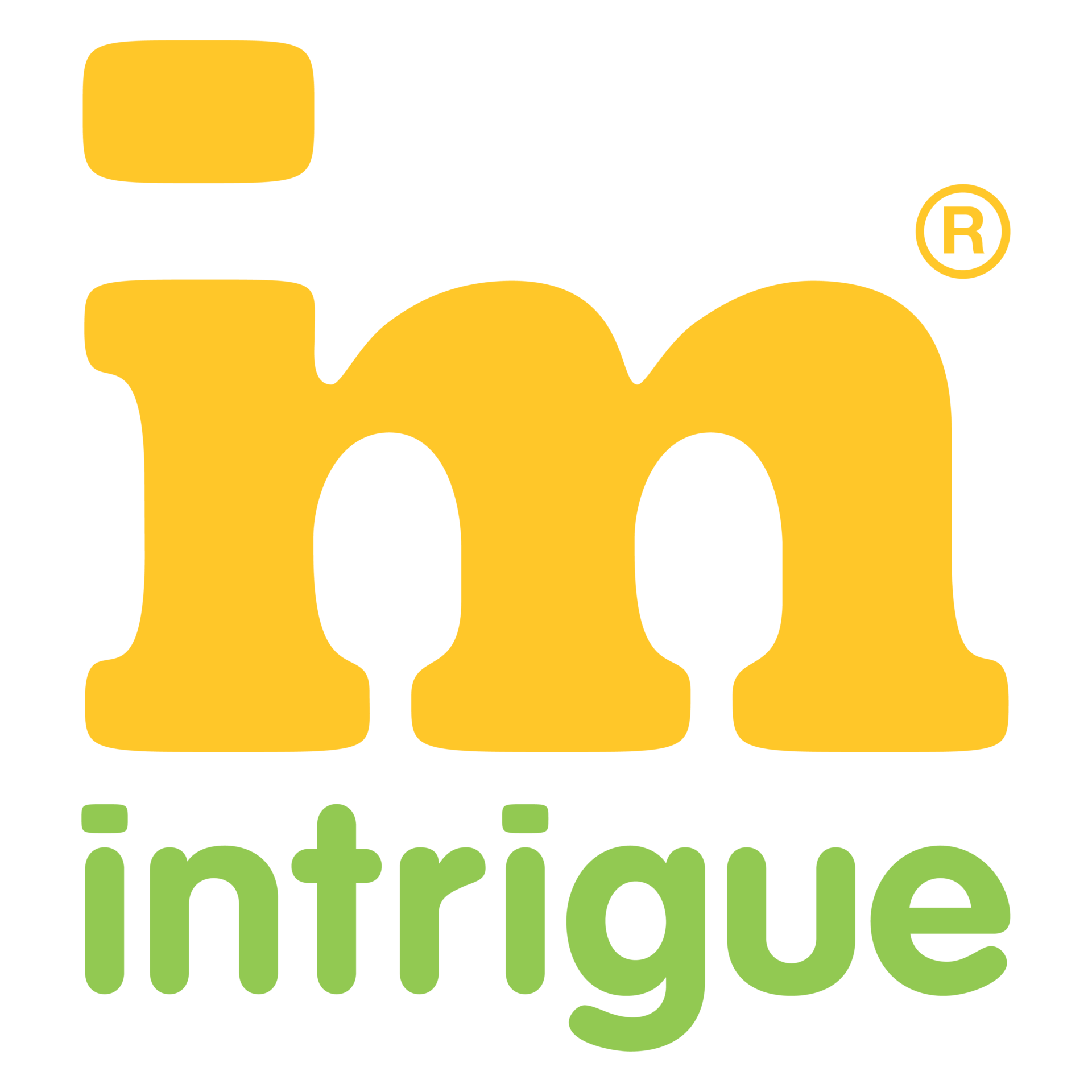 The image shows a yellow letter "im" logo with a registered trademark symbol, and green text reading "intrigue" beneath it, against a transparent background.