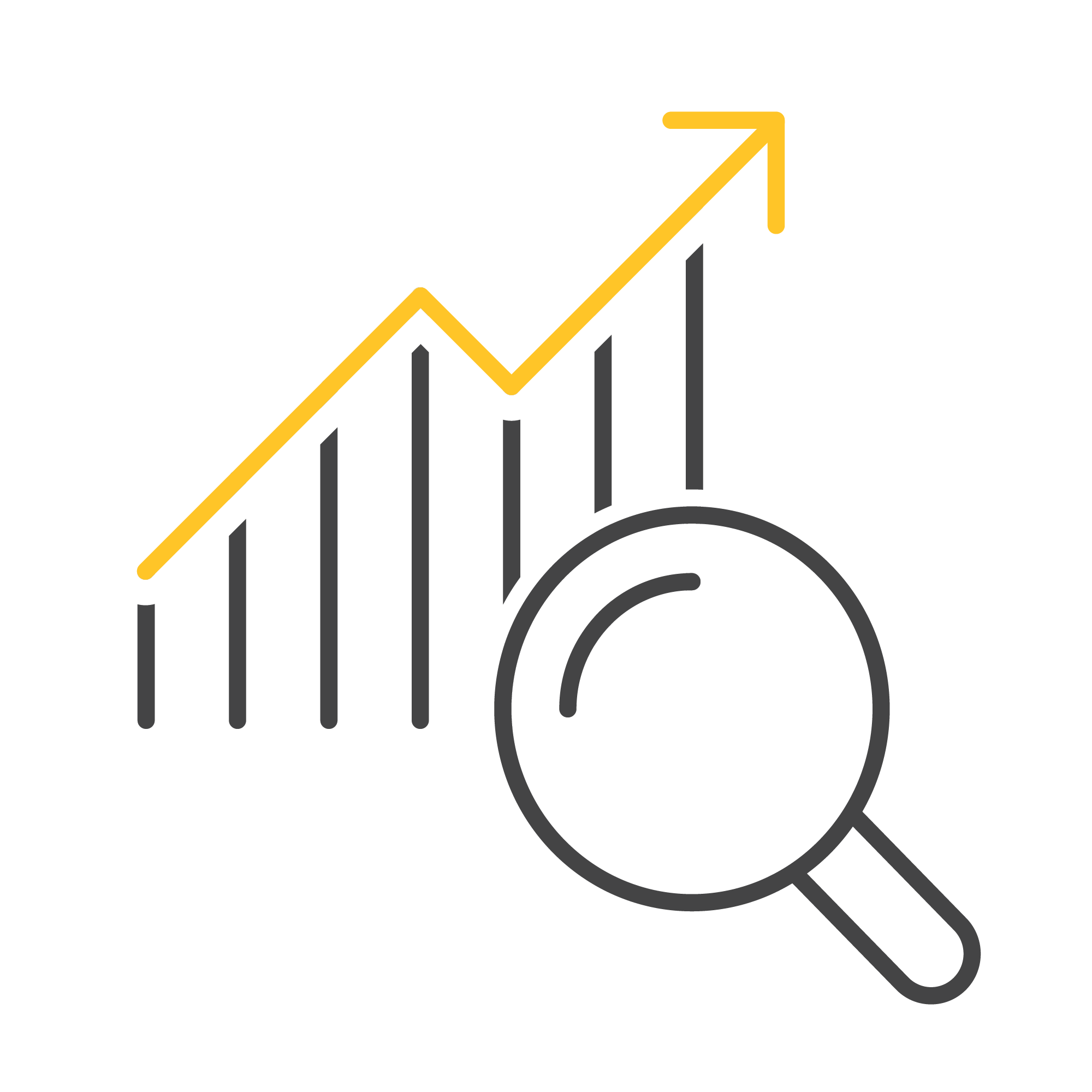 A magnifying glass examines a rising yellow line graph, symbolizing growth and analysis. Black and yellow lines create a minimalist, data-centric visual representation.