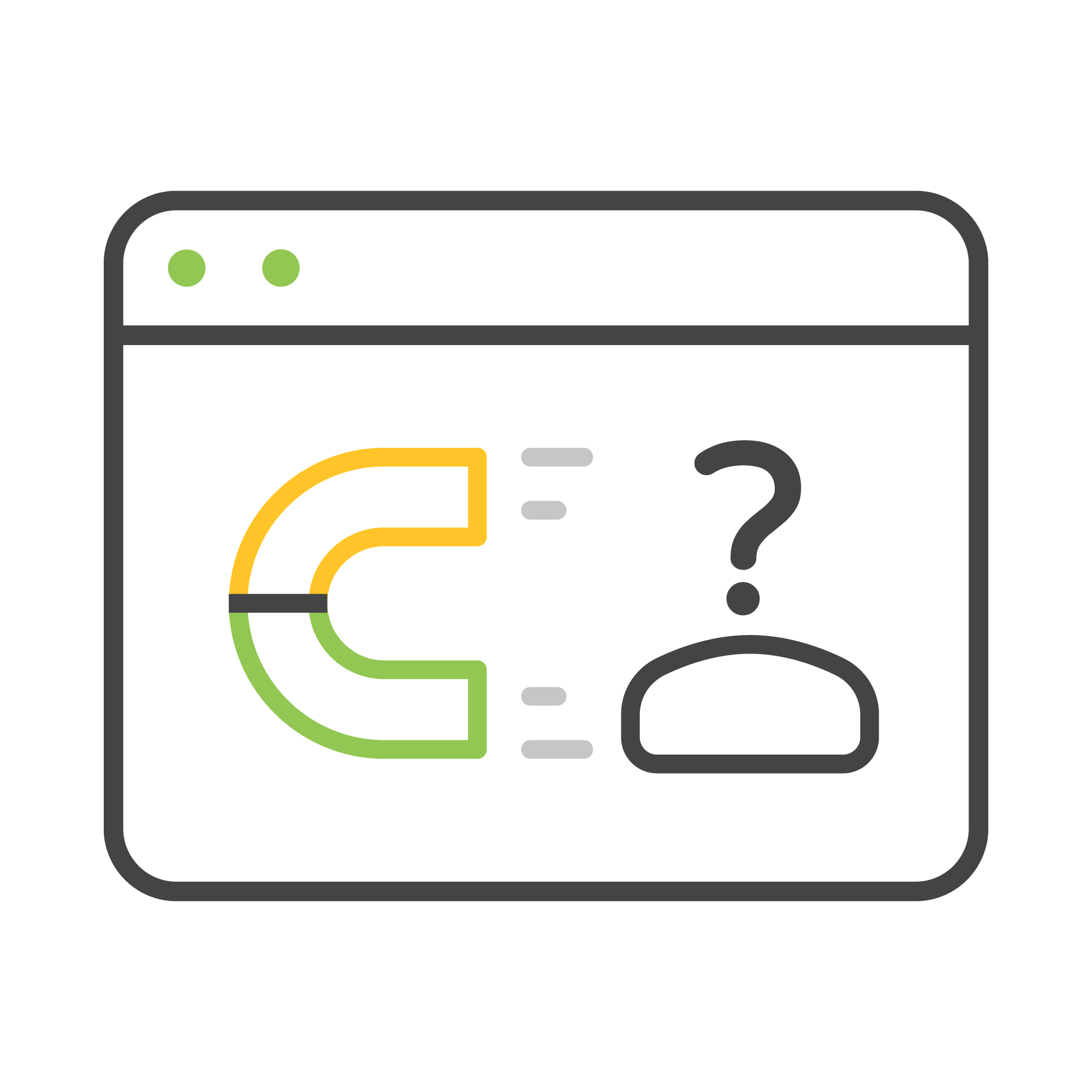 An illustration depicts a browser window with a magnet and a question mark near a person's silhouette, signifying attraction or inquiry.