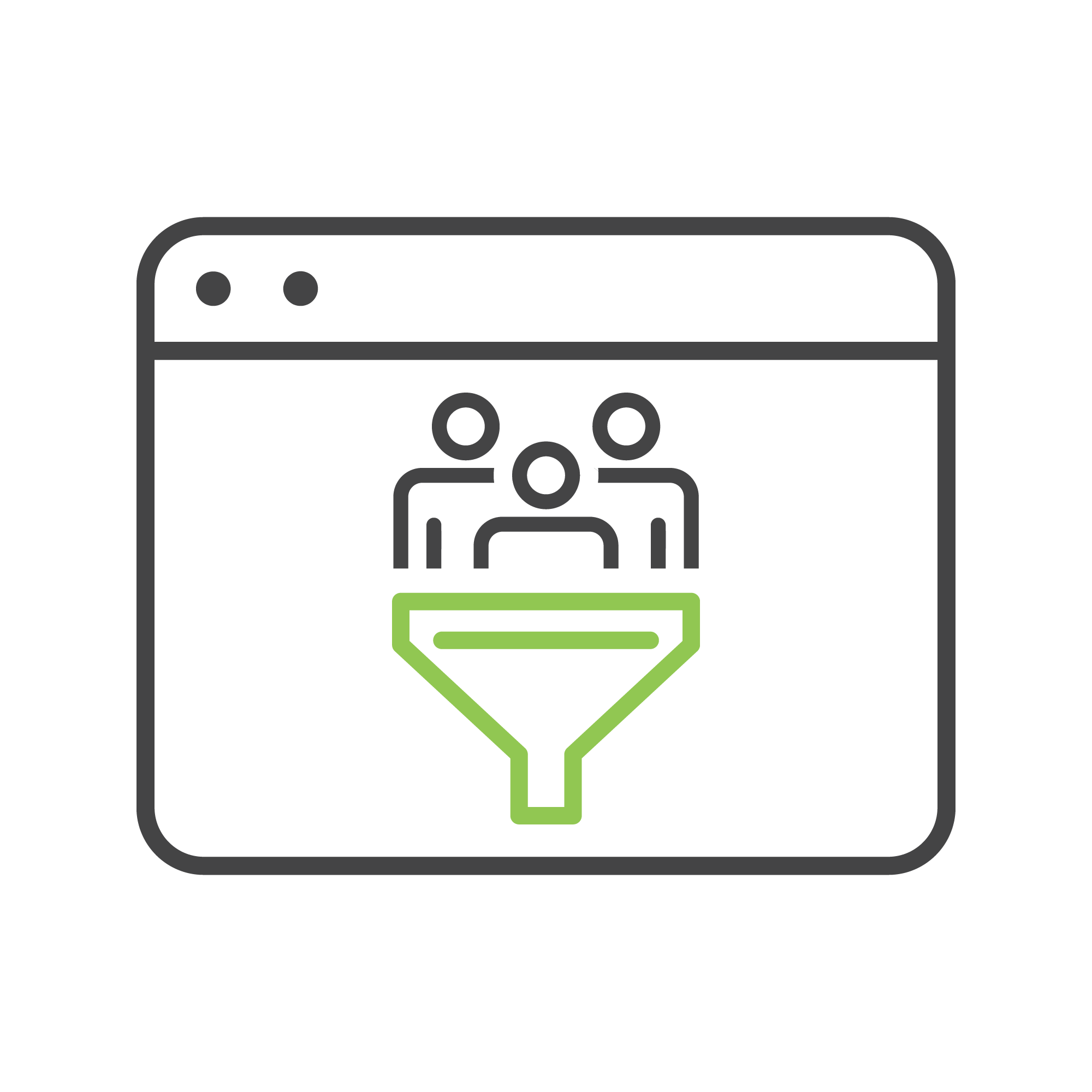 The image depicts a browser window with three figures being funneled down, symbolizing an online conversion process or user funnel illustration.