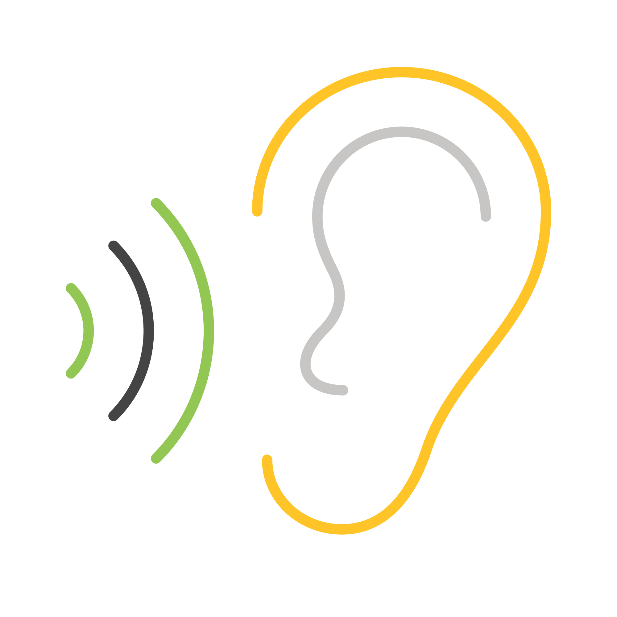 A simple line drawing of an ear with sound waves depicted in green and black, indicating the concept of hearing or listening.