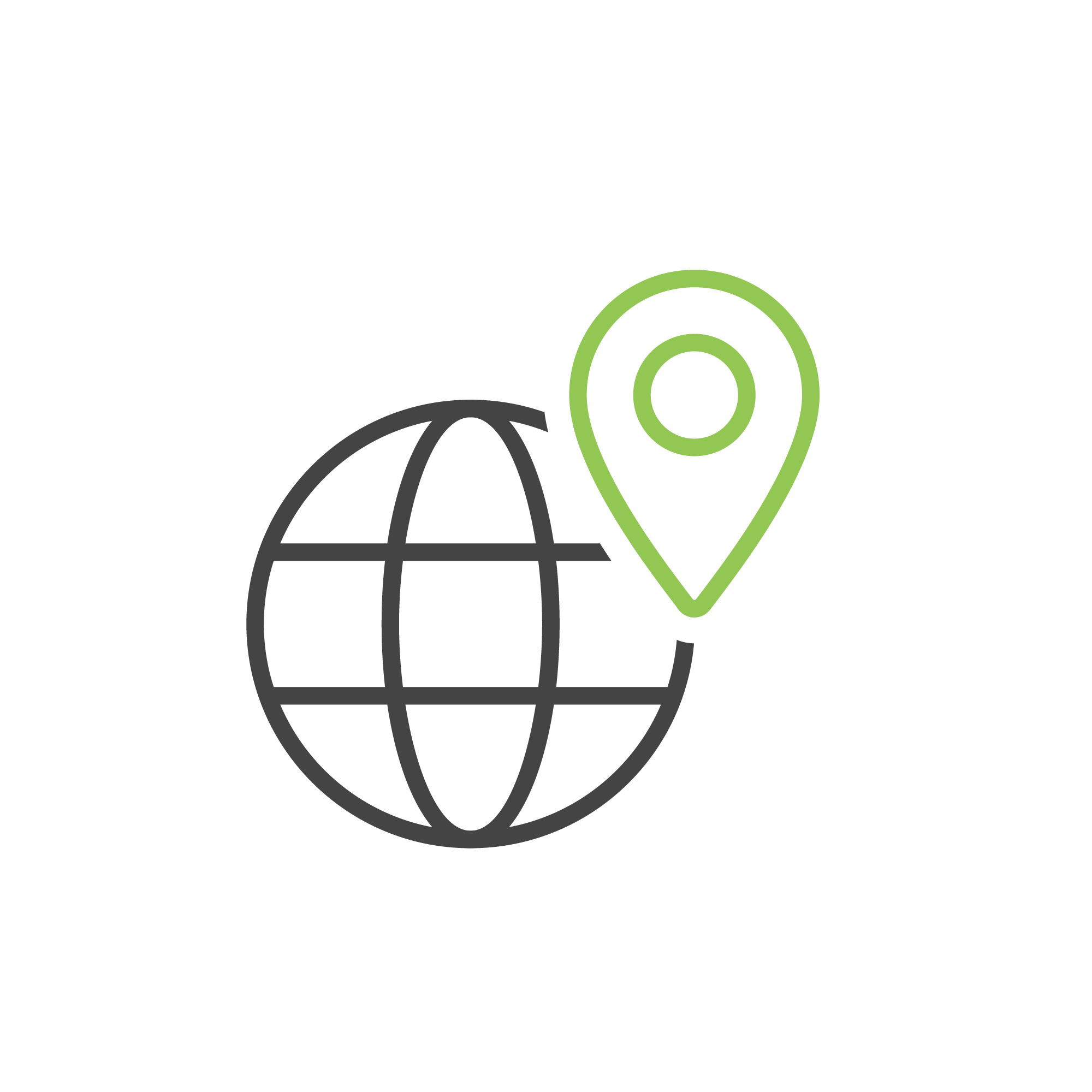 An icon depicting a globe with a grid pattern and a green location pin marker, symbolizing global navigation or finding a location worldwide.