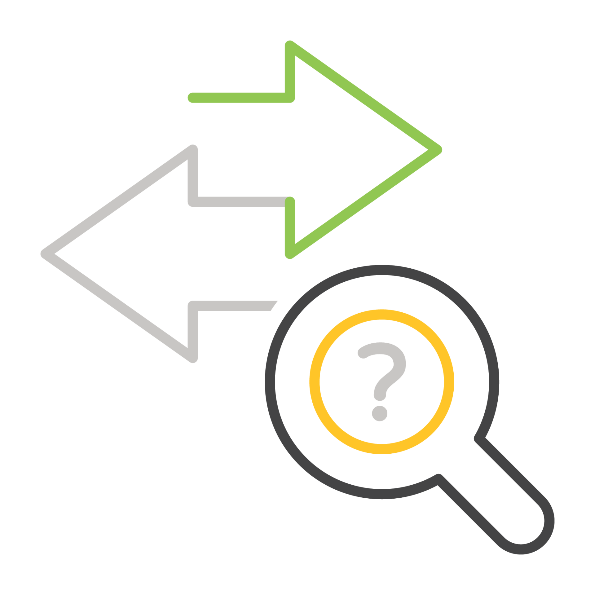 A diagram with two arrows, one green and one gray, pointing in opposite directions, next to a magnifying glass with a question mark inside.