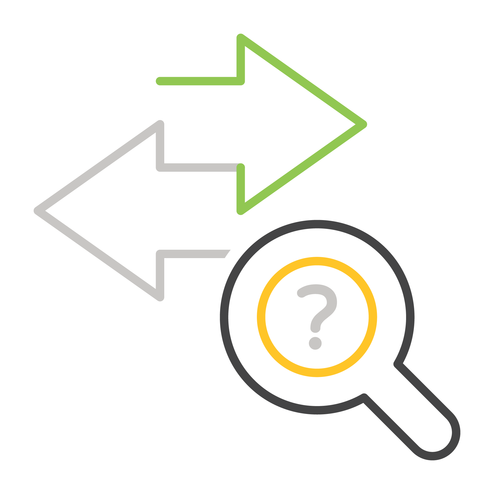 A diagram with two arrows, one green and one gray, pointing in opposite directions, next to a magnifying glass with a question mark inside.