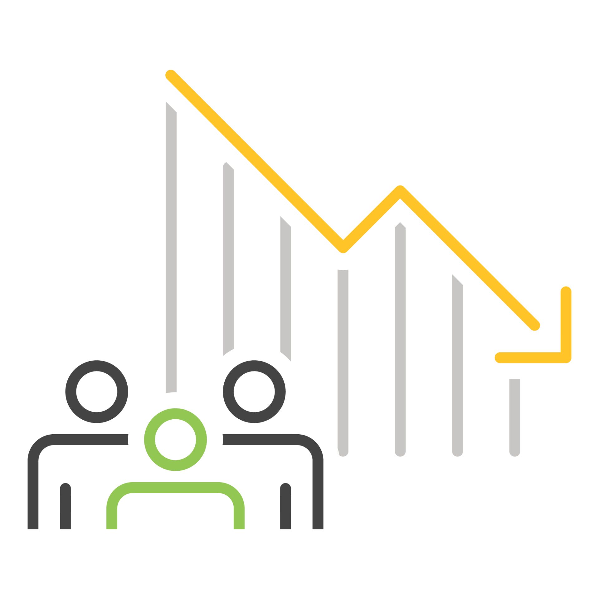 Three outlined figures beneath a descending graph with yellow line, representing a decline or decrease, likely indicating a decrease in metrics related to people.