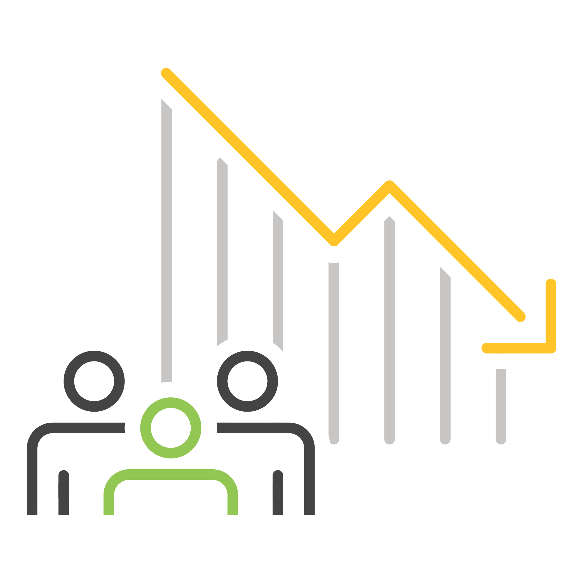 Three outlined figures beneath a descending graph with yellow line, representing a decline or decrease, likely indicating a decrease in metrics related to people.