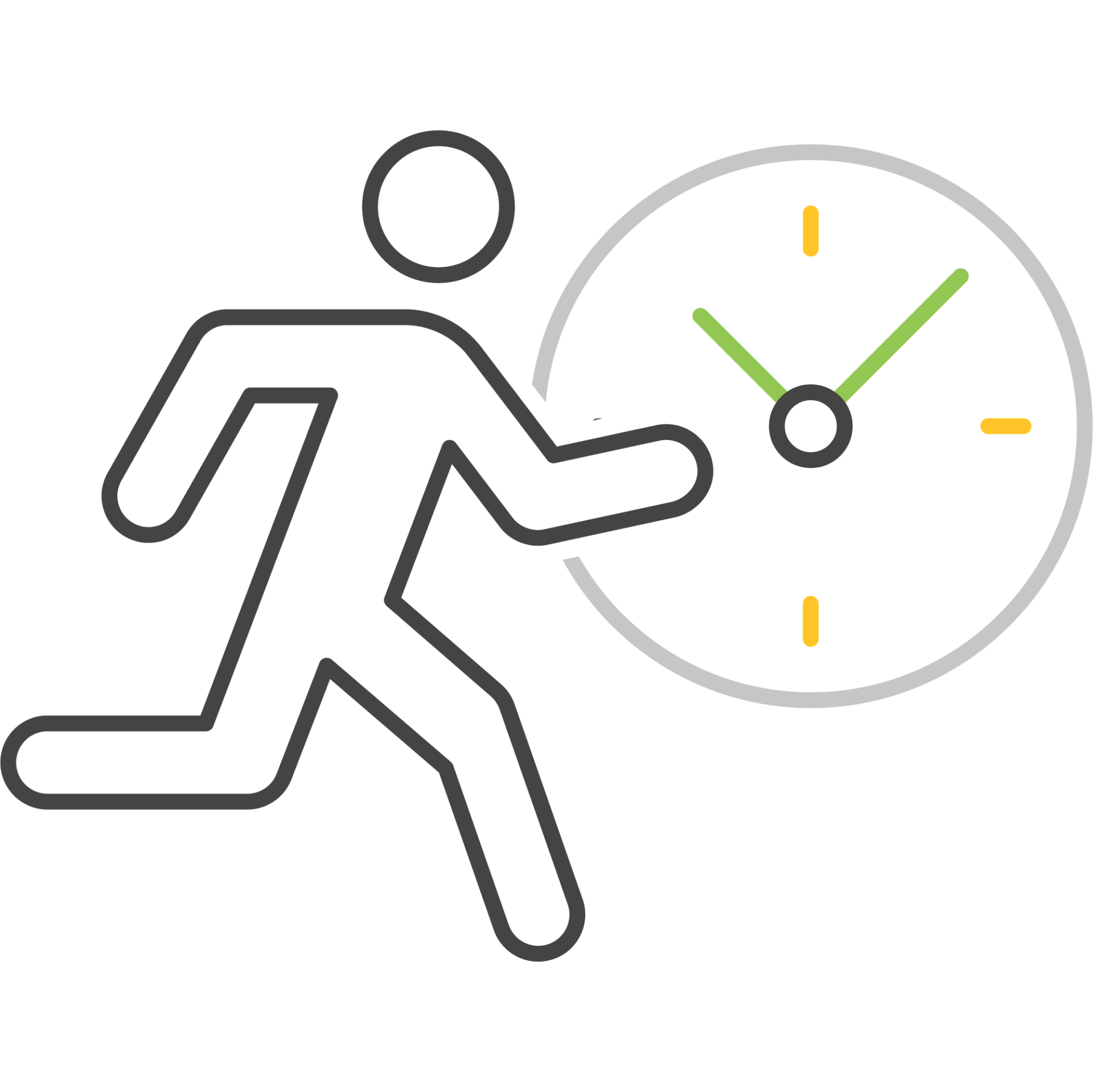 A minimalist icon of a person running with a large clock behind them, indicating urgency or time-related activity.