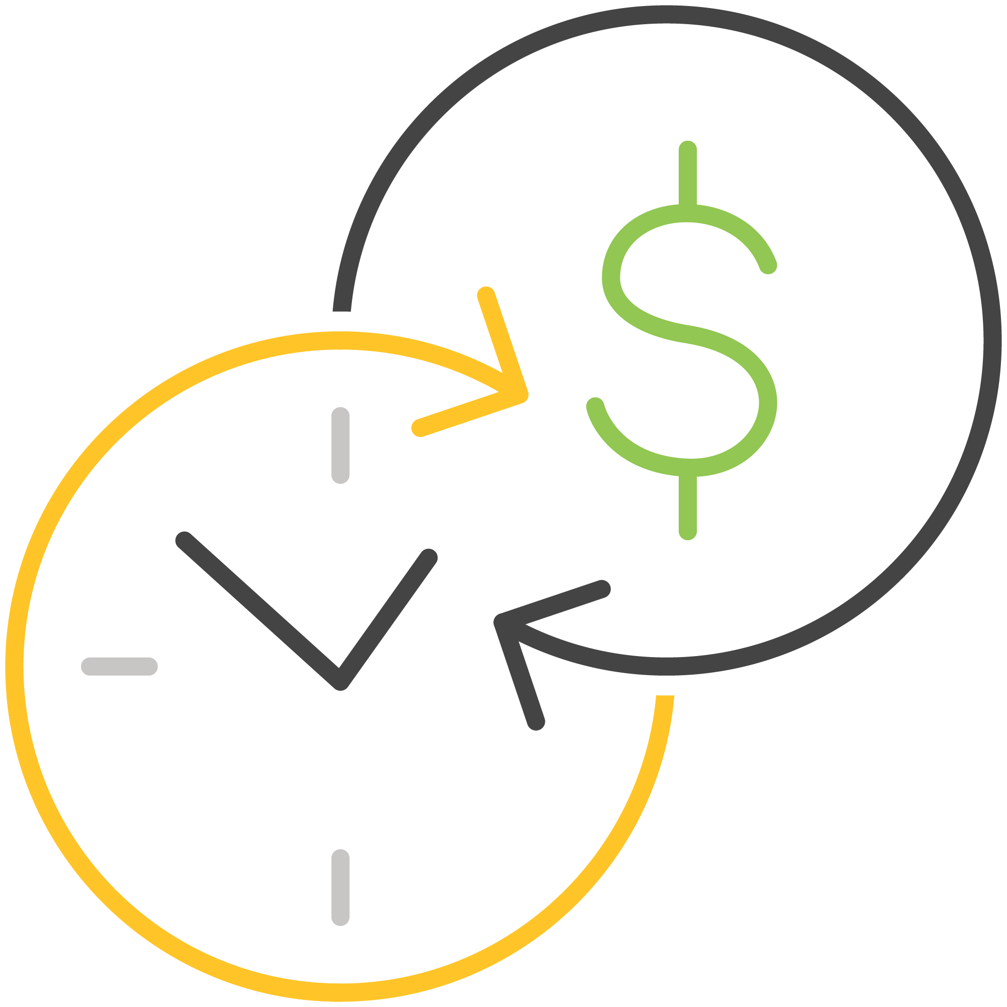 The image depicts an icon with a clock and a dollar sign intertwined, symbolizing the concept of time and money being connected.