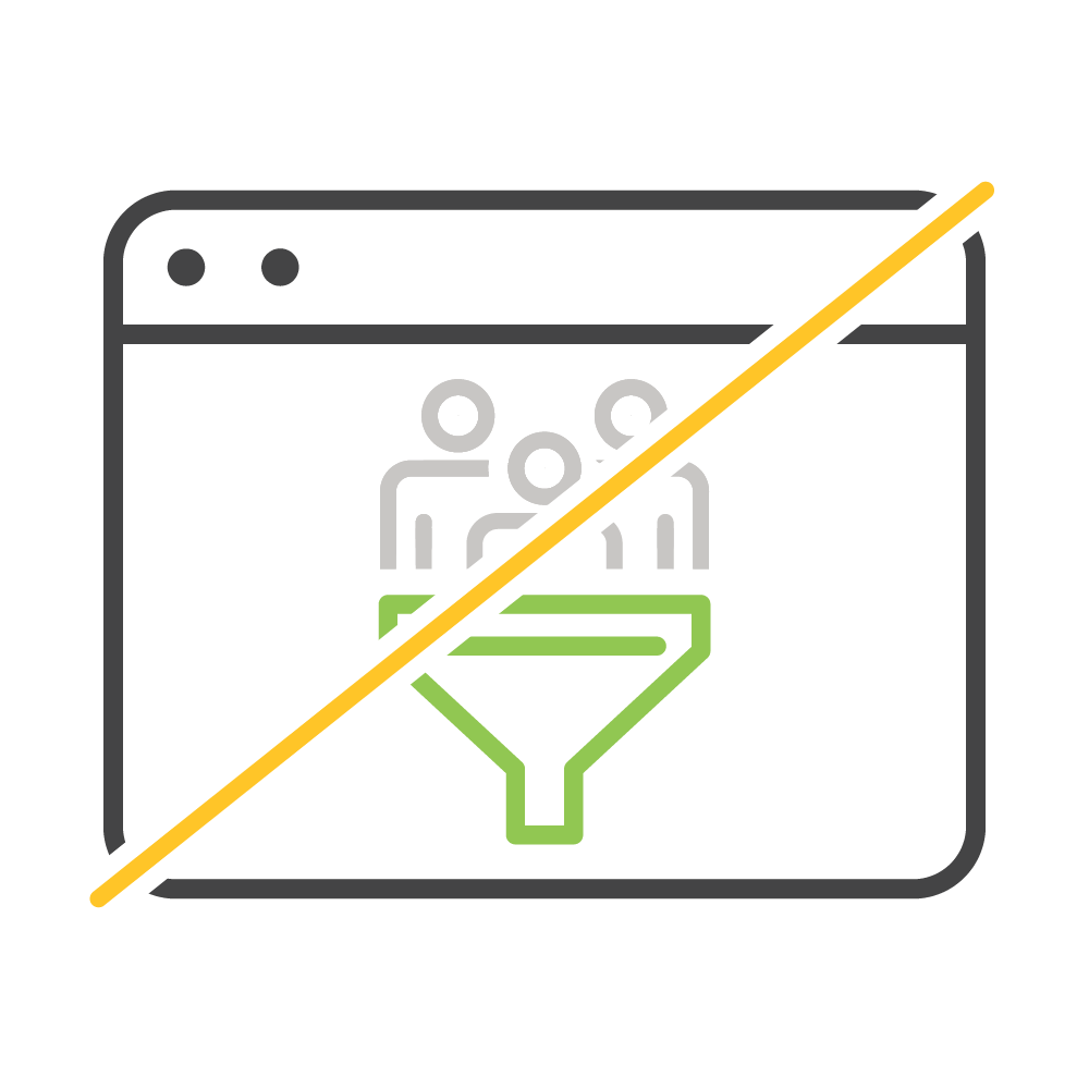 An icon depicts a webpage with three people above a funnel, crossed by a line, symbolizing restricted access or filtering users.