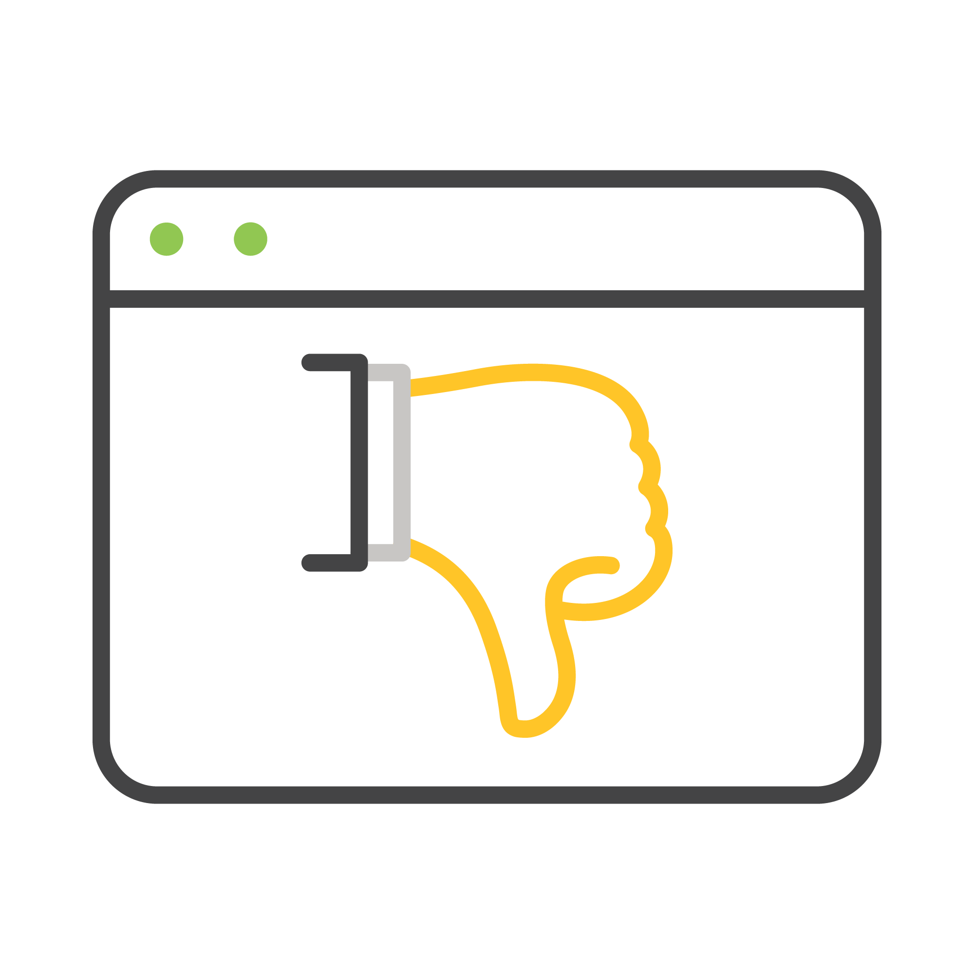 A computer screen icon displays a large thumbs-down symbol, representing a dislike or negative feedback, on a black background with green accents.