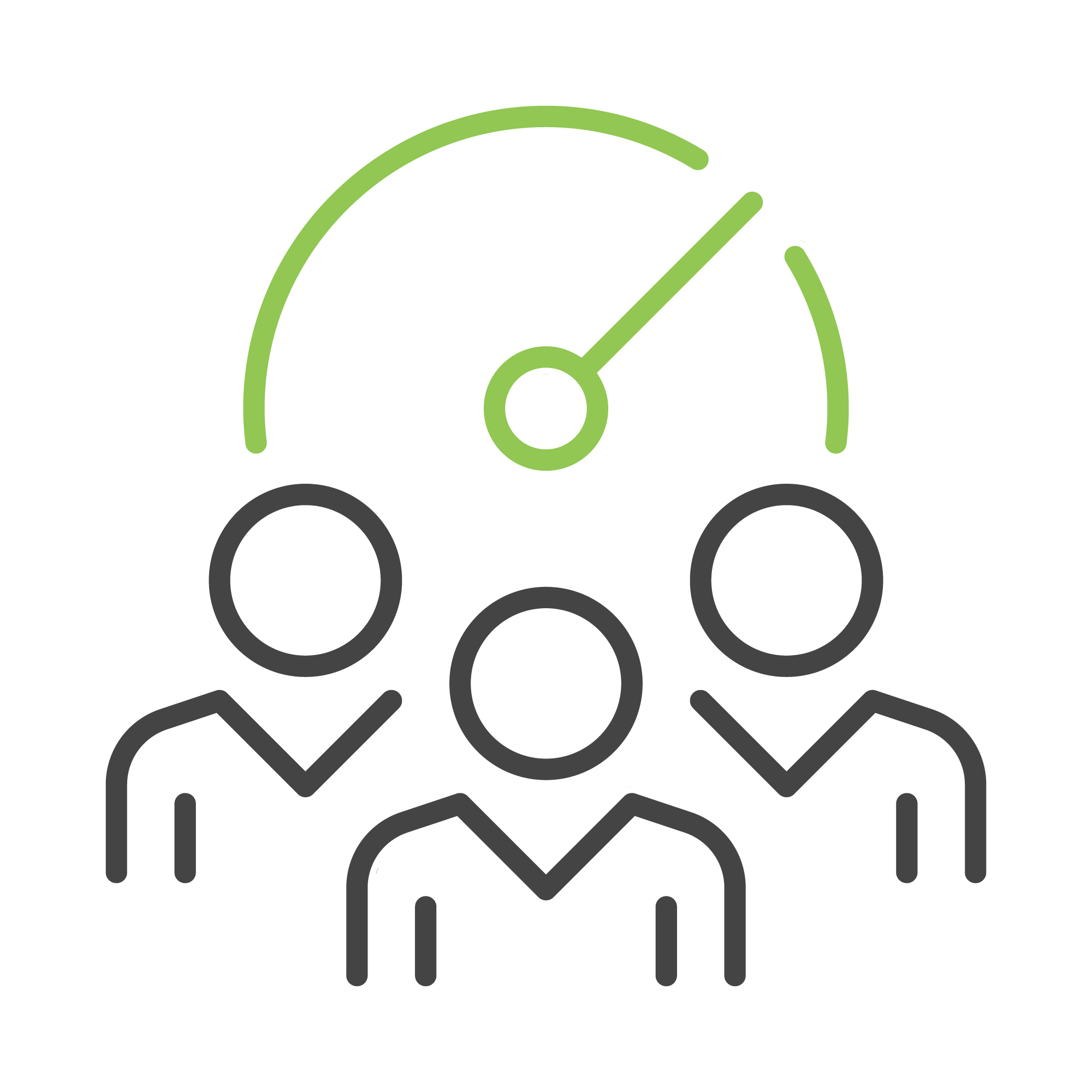 Three outlined figures under a speedometer icon, with a green background, suggesting teamwork, performance measurement, or productivity evaluation. No landmarks or historical buildings present.
