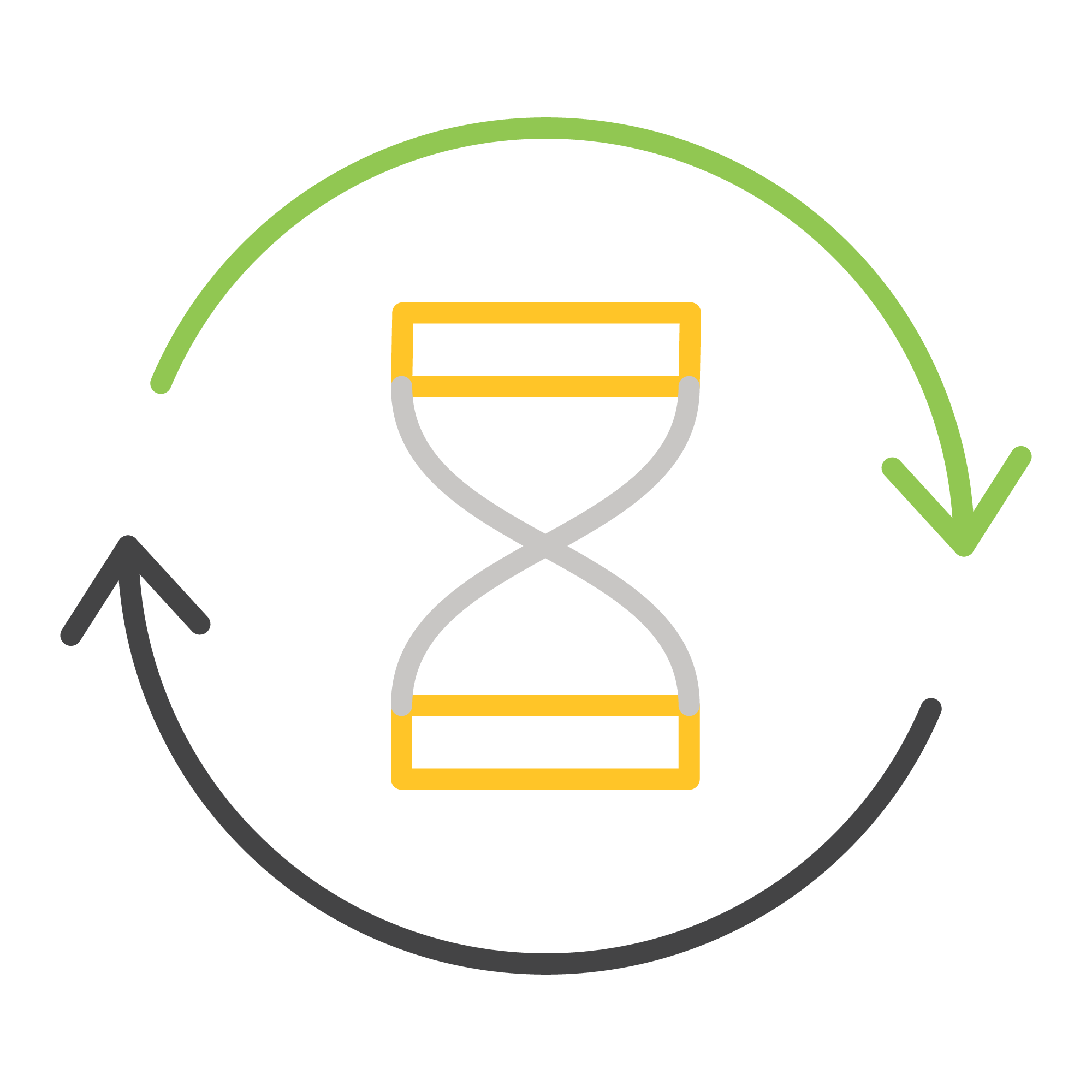A yellow hourglass icon is surrounded by circular green and black arrows, representing the concept of time or recycling. No landmarks present.