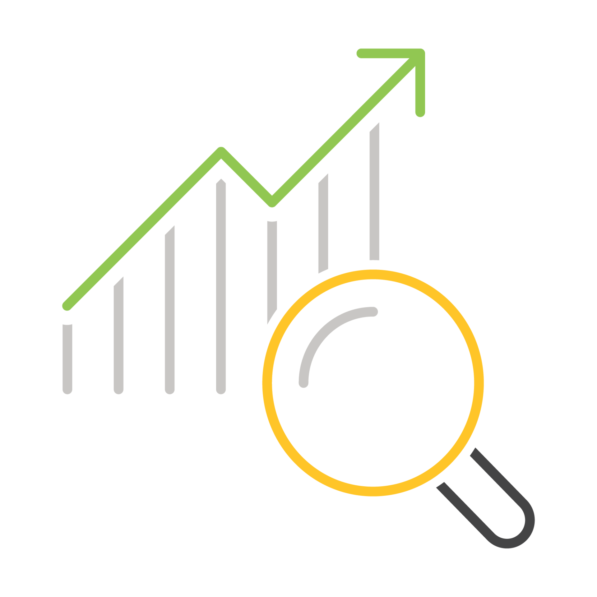 The image depicts a magnifying glass examining a bar chart with a green upward trending line, symbolizing data analysis and growth.