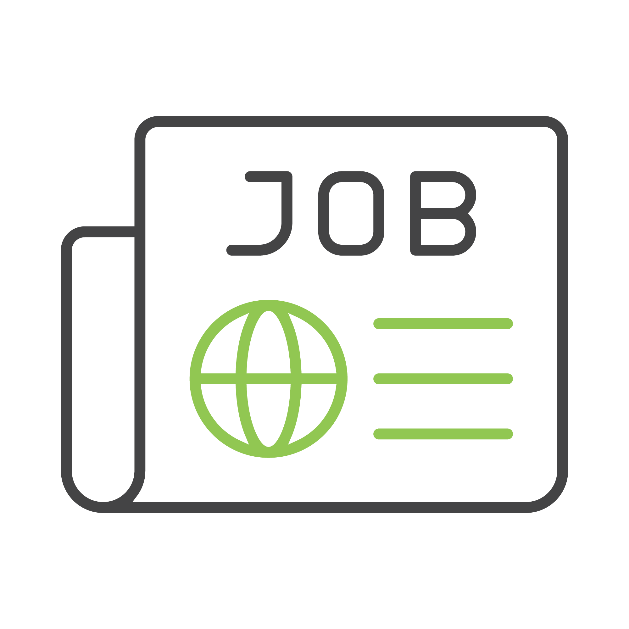 The image depicts a newspaper icon with the headline "JOB" and a globe symbol, suggesting job search or employment news.