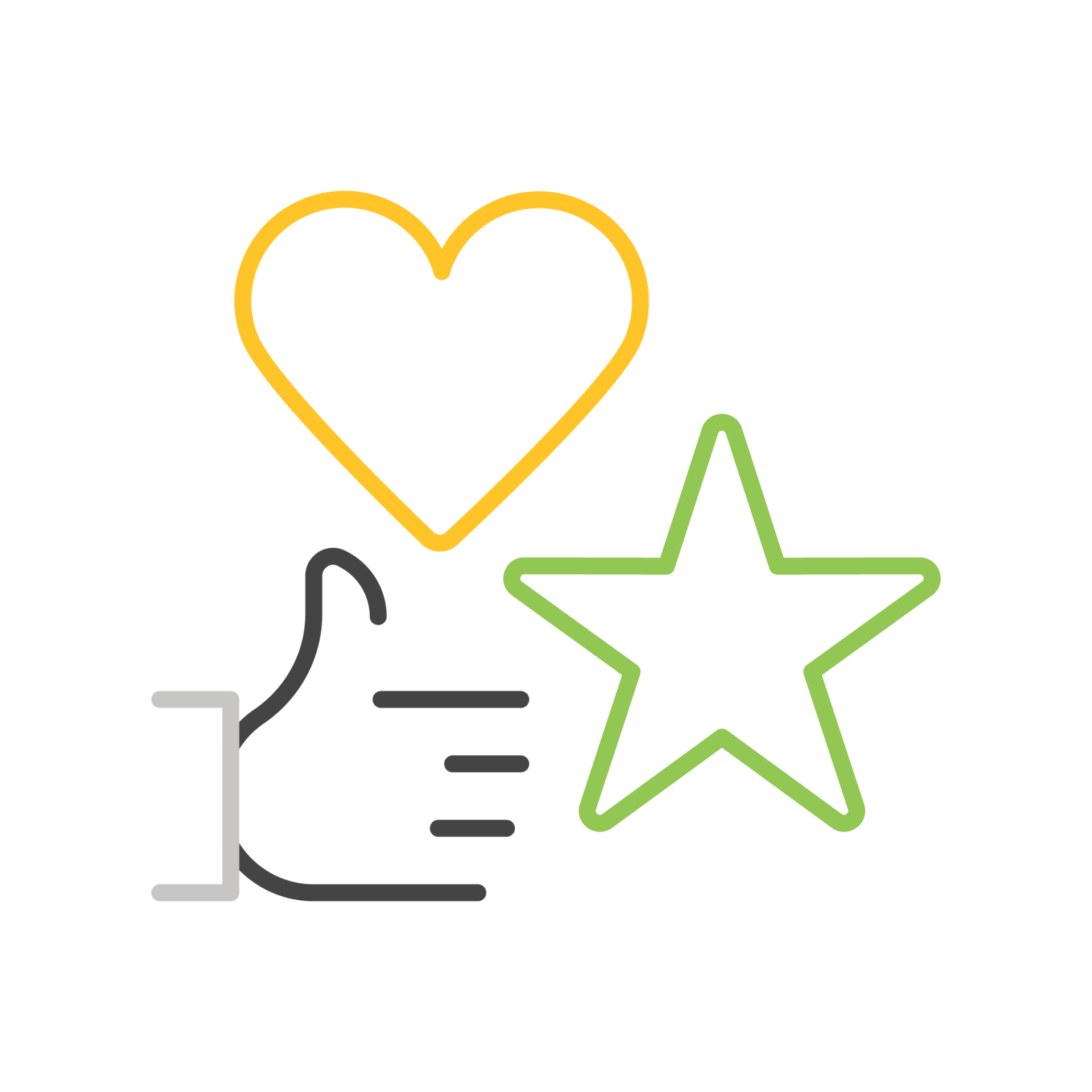 Outlined heart, star, and thumbs-up symbols on a solid background, displaying an icon-style representation of likes, favorites, and approval.