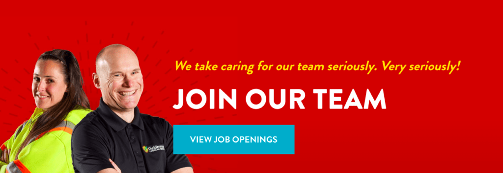 Two smiling people in work uniforms on a bright red background with text encouraging job applications and a button labeled "VIEW JOB OPENINGS."