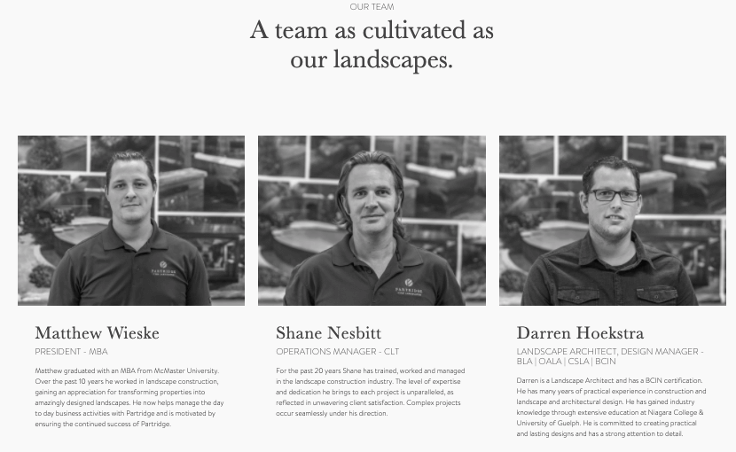 Three pictures of individuals with titles and descriptions, showcasing a landscape company team: Matthew Wieske, Shane Nesbitt, and Darren Hoekstra.