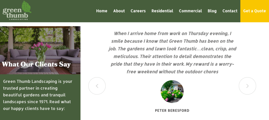 A Green Thumb Landscaping webpage highlighting client testimonials, services, and company information. Includes a garden photo and client quote with corresponding image and name.