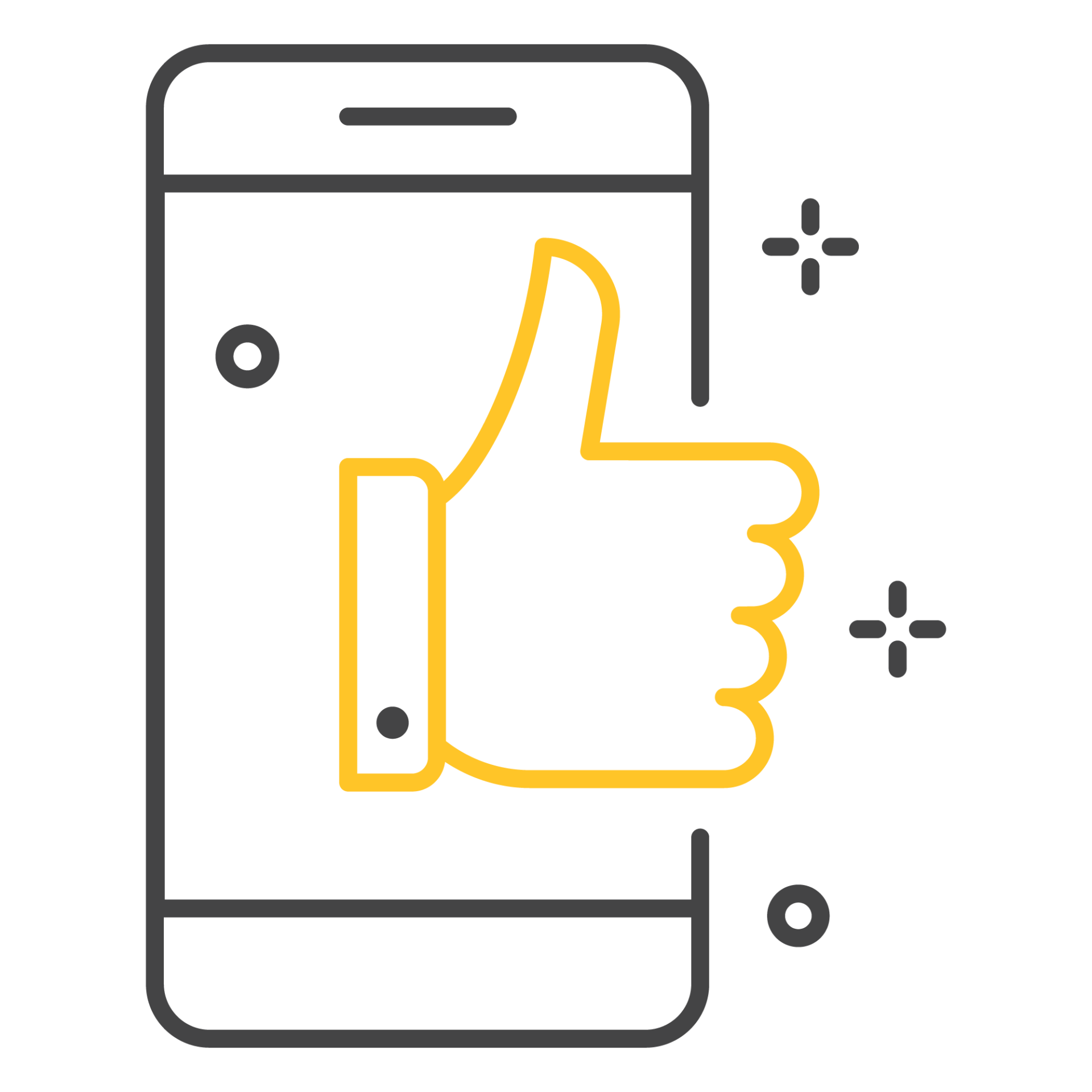 An illustration of a smartphone displaying a large thumbs-up icon, representing approval or like. The background features small decorative elements.