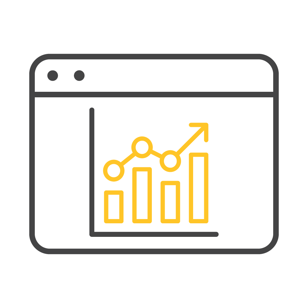 An illustration of a webpage with a yellow upward-trending bar and line graph, representing growth or data analysis, against a green background.