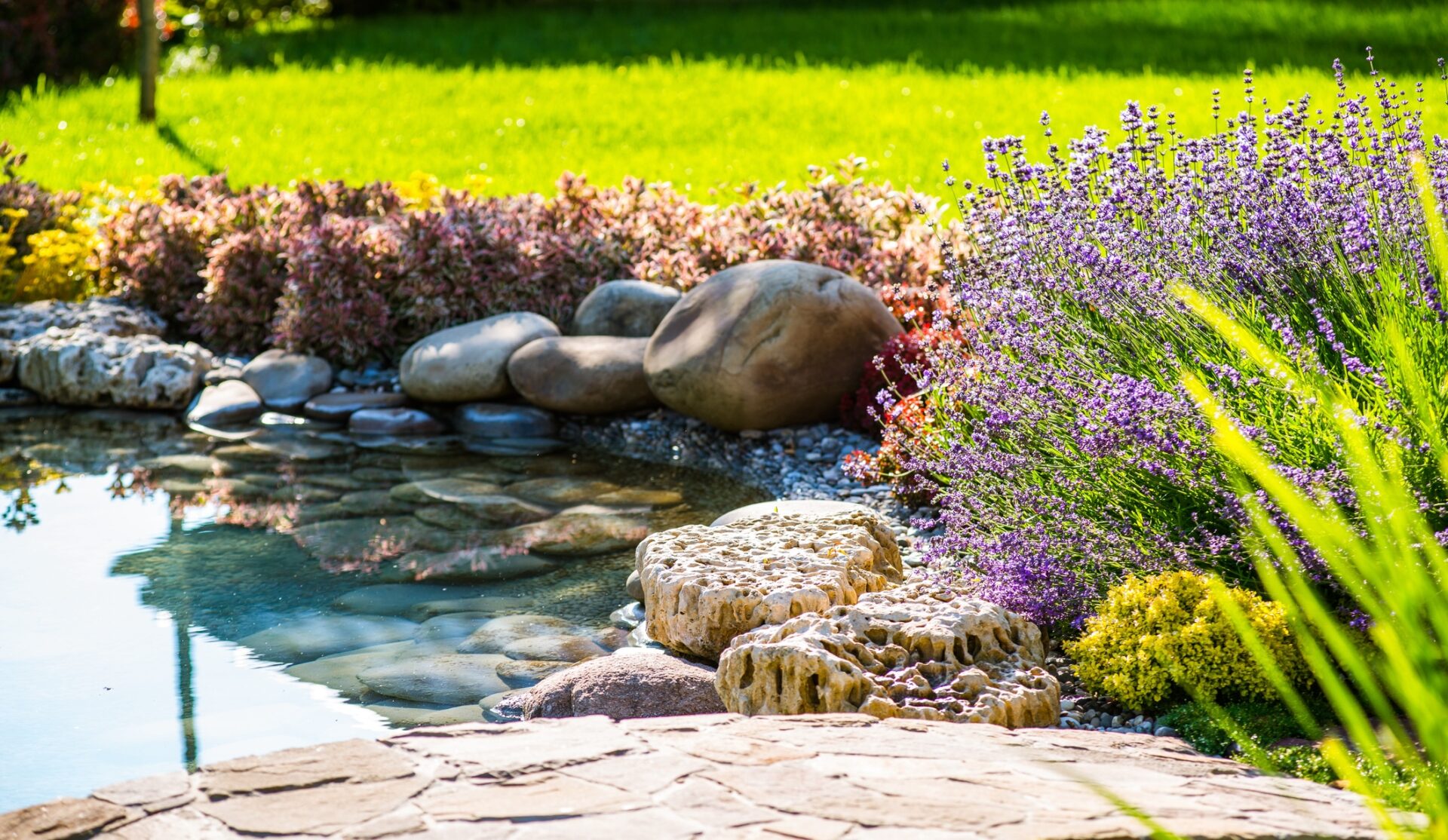 A serene garden pond surrounded by blooming flowers, lush greenery, and variously sized rocks, reflecting a tranquil, sunny day.