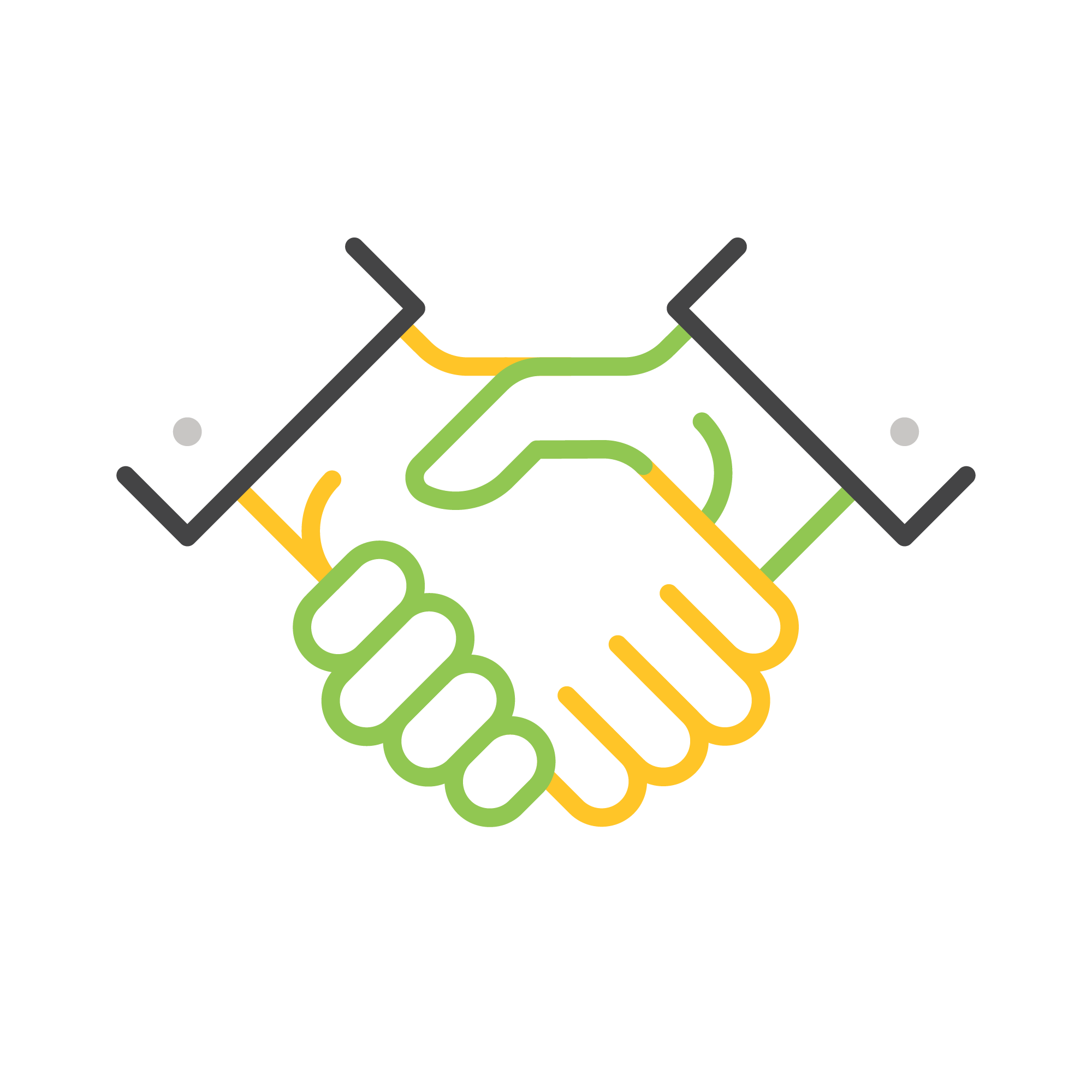 An illustration of two hands shaking, outlined in green and yellow, symbolizing agreement or partnership, set against a black background.