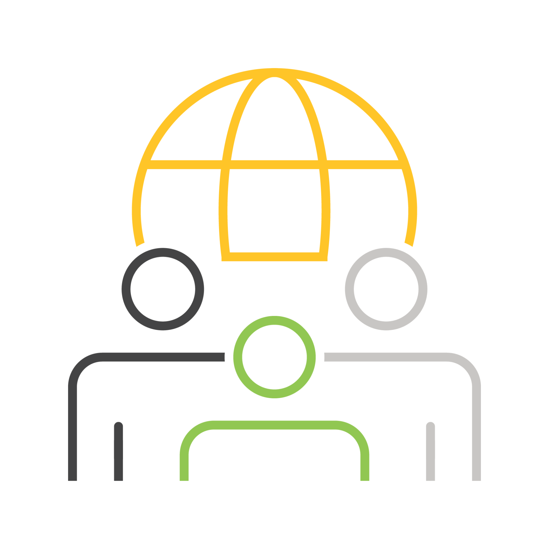 Three person icons stand in front of a stylized globe outline, representing global connection and community. The design uses yellow, green, grey, and black colors.