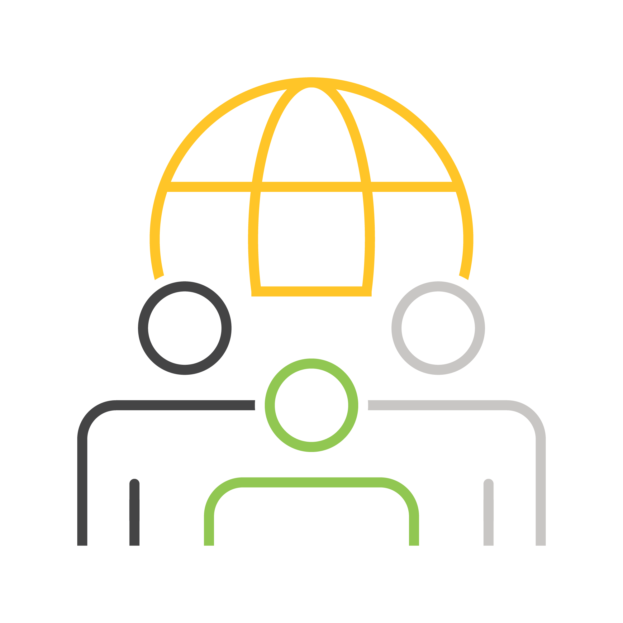 Three person icons stand in front of a stylized globe outline, representing global connection and community. The design uses yellow, green, grey, and black colors.