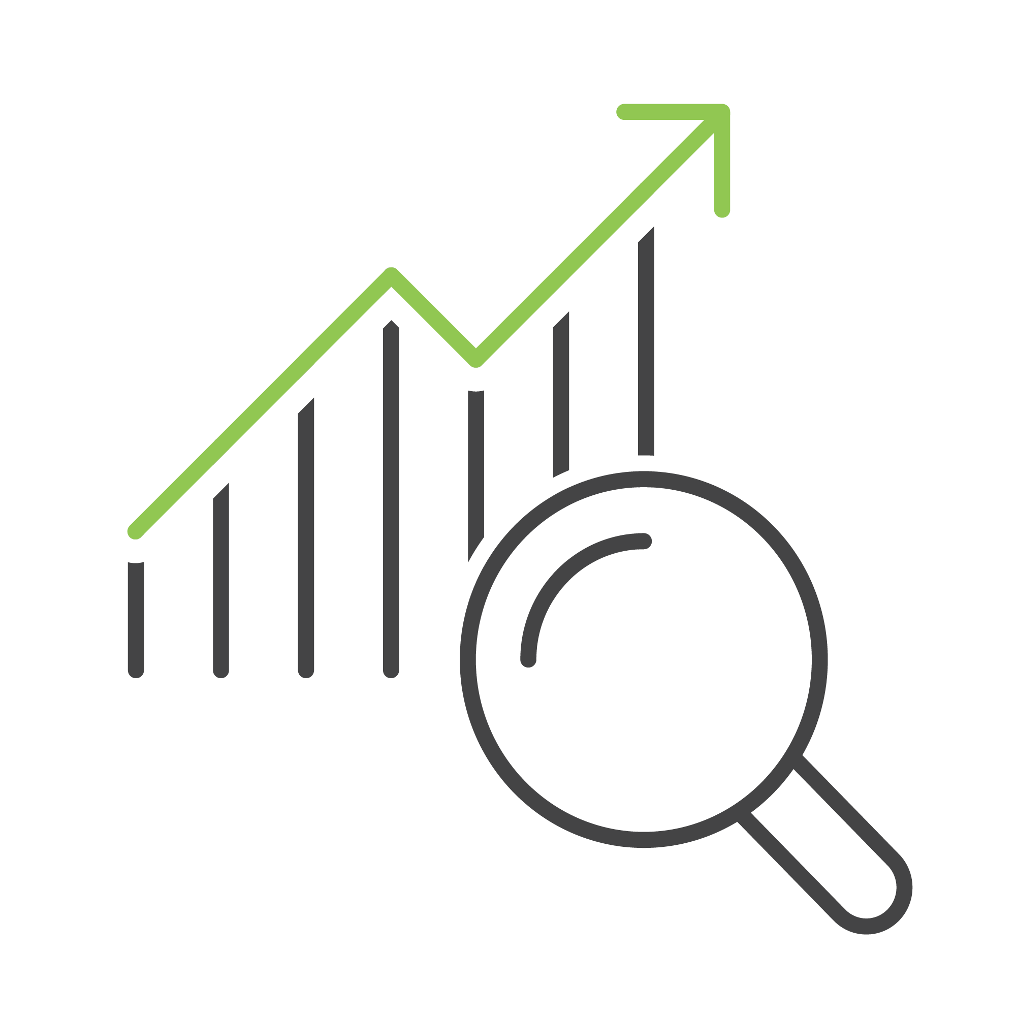 A line graph with an upward trend and a magnifying glass representing growth analysis on a green background.