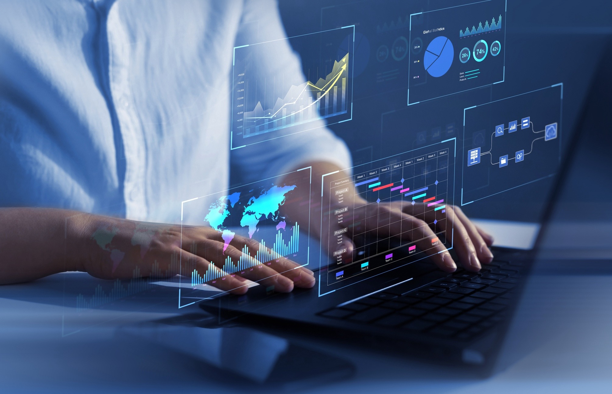 A person works on a laptop, surrounded by holographic financial data charts, graphs, and world maps. No recognizable landmarks or historical buildings visible.